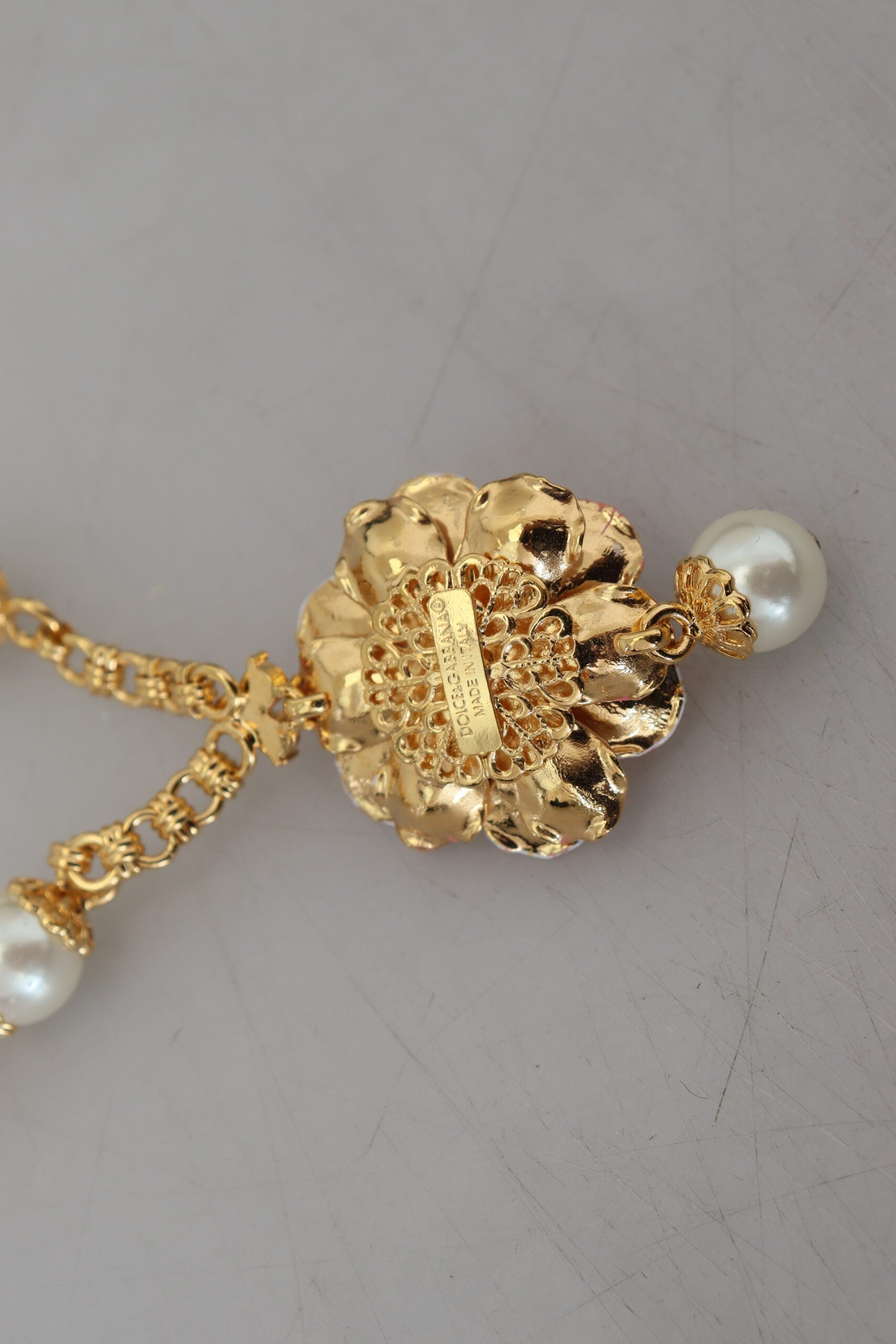 Dolce & Gabbana Gold-tone Flower Crystal Pink Embellished Necklace-5