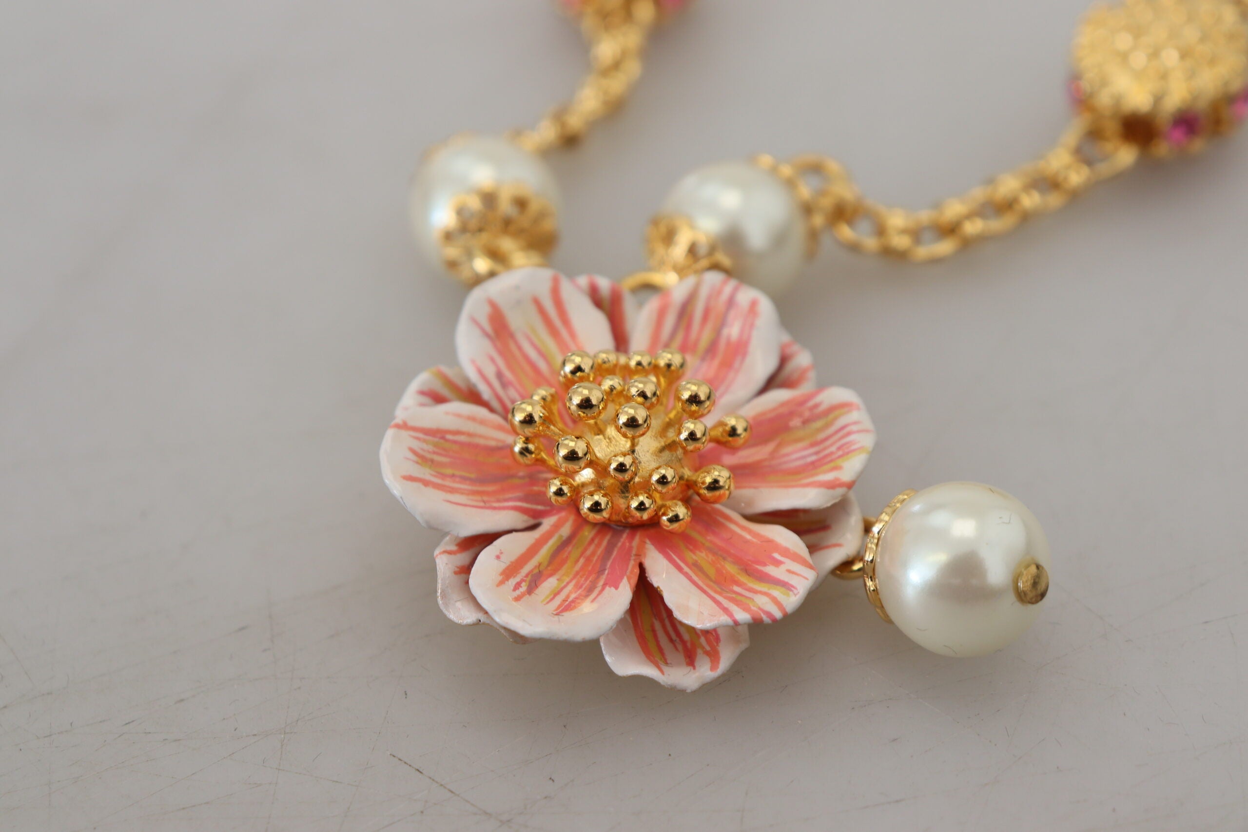 Dolce & Gabbana Gold-tone Flower Crystal Pink Embellished Necklace-6