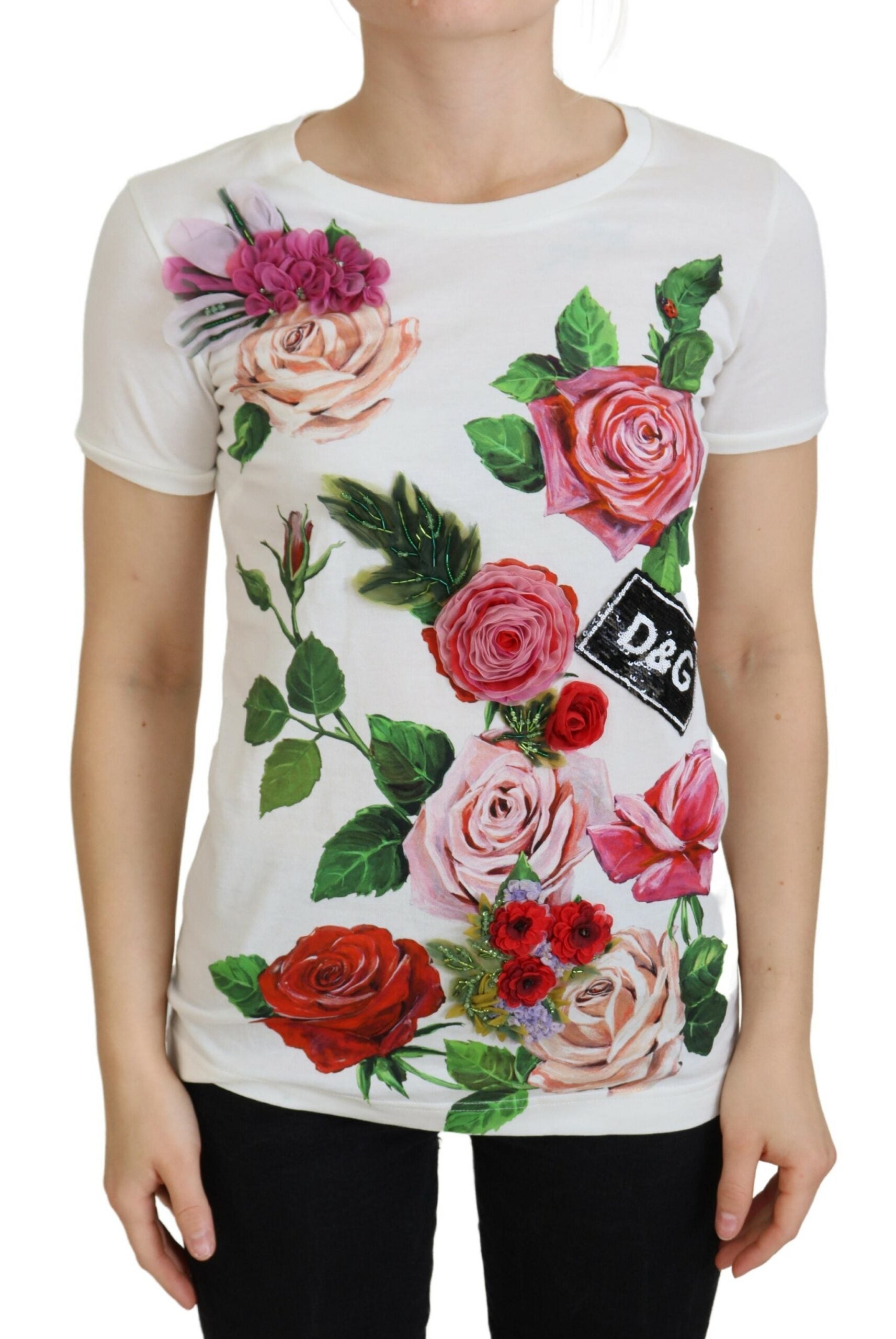 Dolce & Gabbana White Rose DG Logo Printed Short Sleeve Top