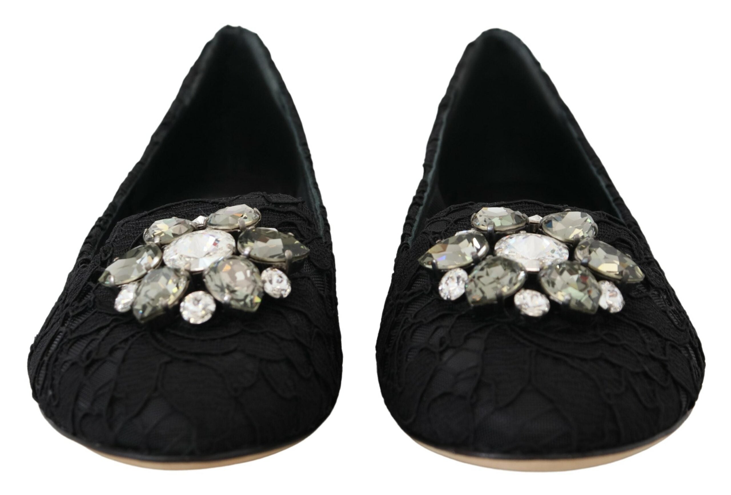 Dolce & Gabbana Black Taormina Lace Crystal Flats Shoes-2