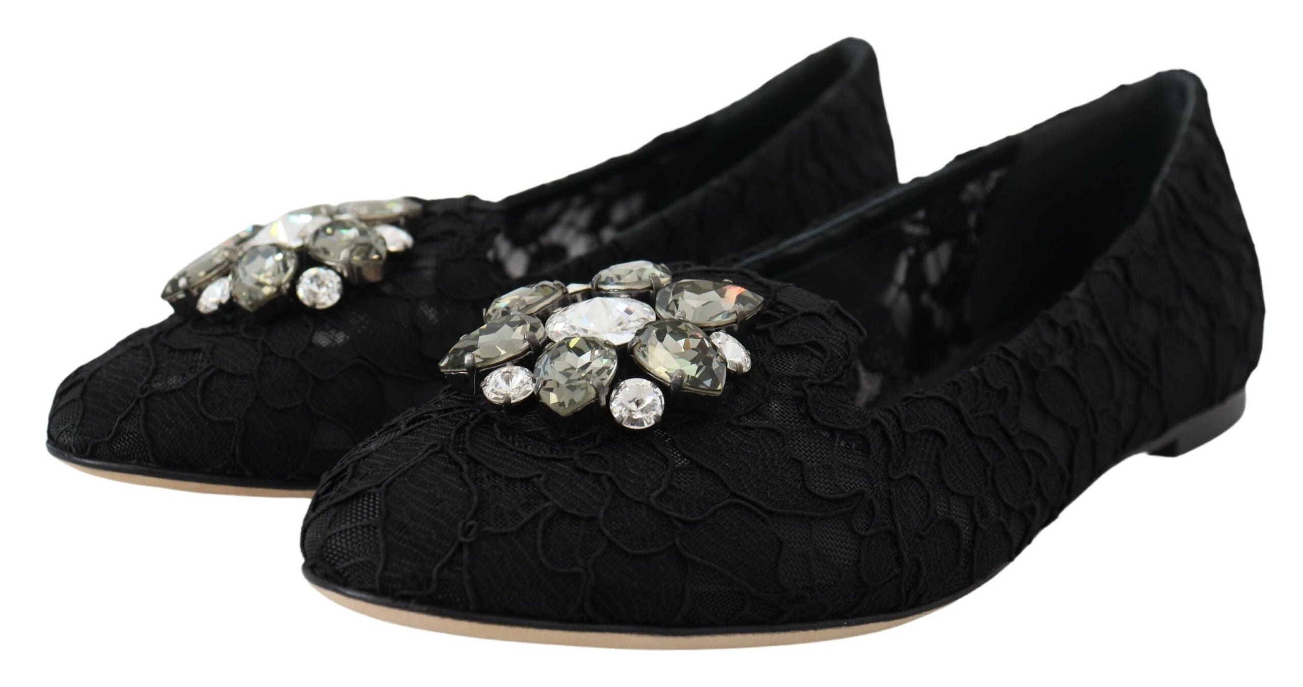 Dolce & Gabbana Black Taormina Lace Crystal Flats Shoes-3