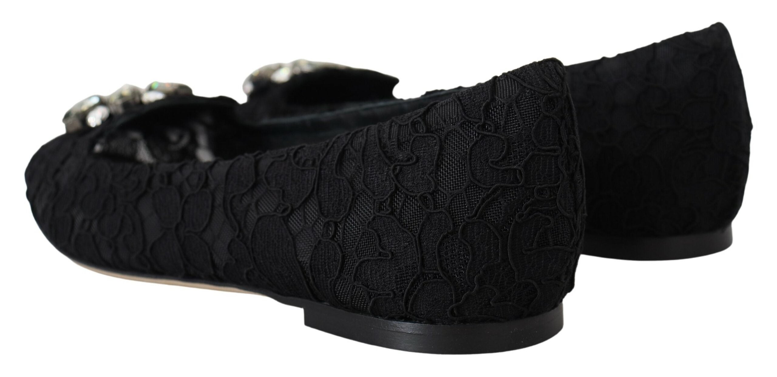 Dolce & Gabbana Black Taormina Lace Crystal Flats Shoes-4
