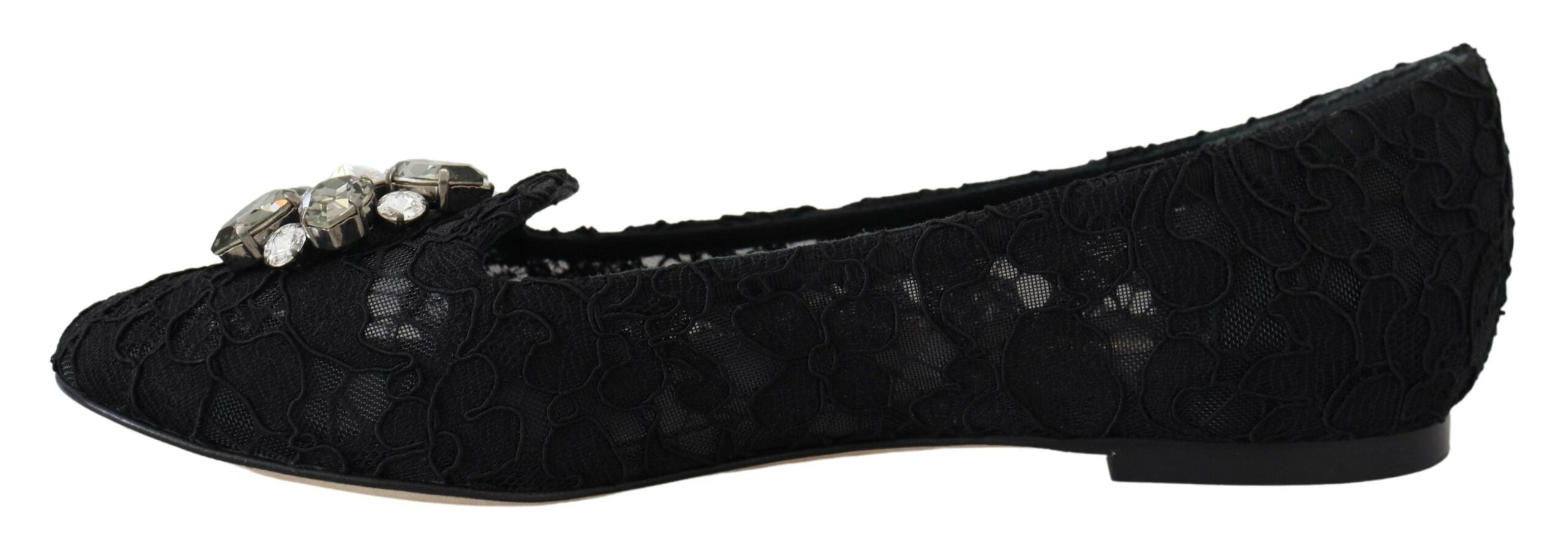 Dolce & Gabbana Black Taormina Lace Crystal Flats Shoes-5