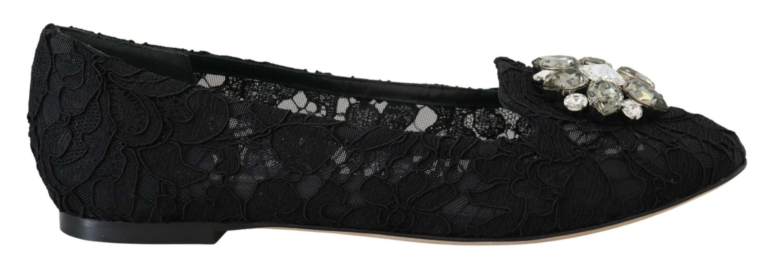 Dolce & Gabbana Black Taormina Lace Crystal Flats Shoes-1