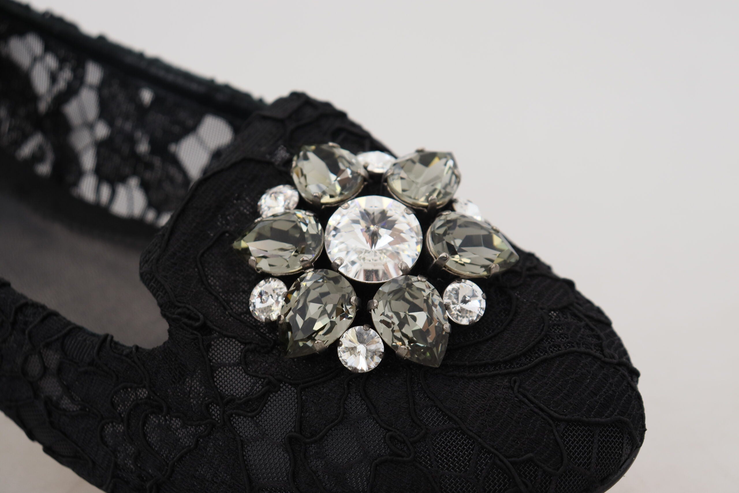 Dolce & Gabbana Black Taormina Lace Crystal Flats Shoes-6