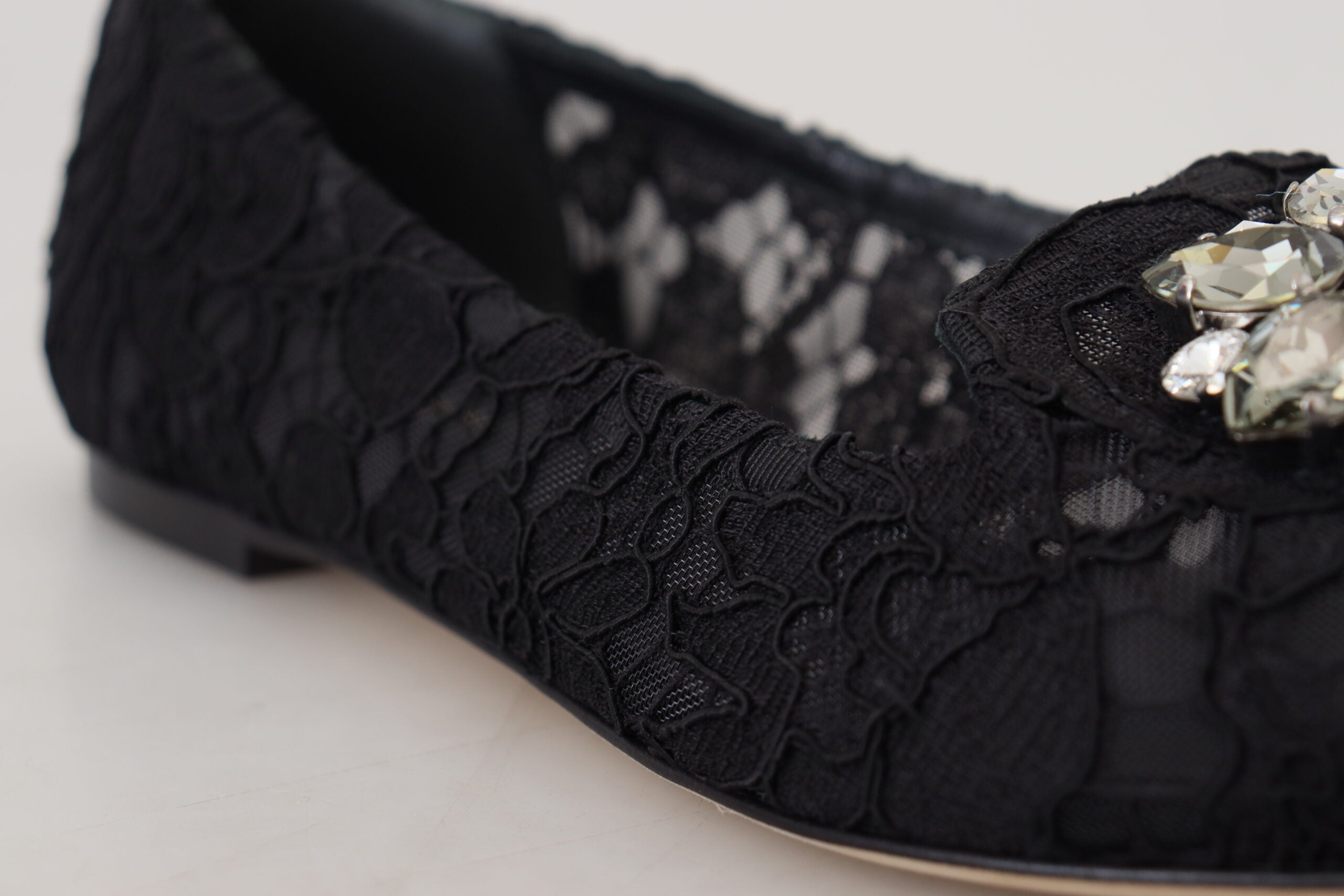 Dolce & Gabbana Black Taormina Lace Crystal Flats Shoes-7
