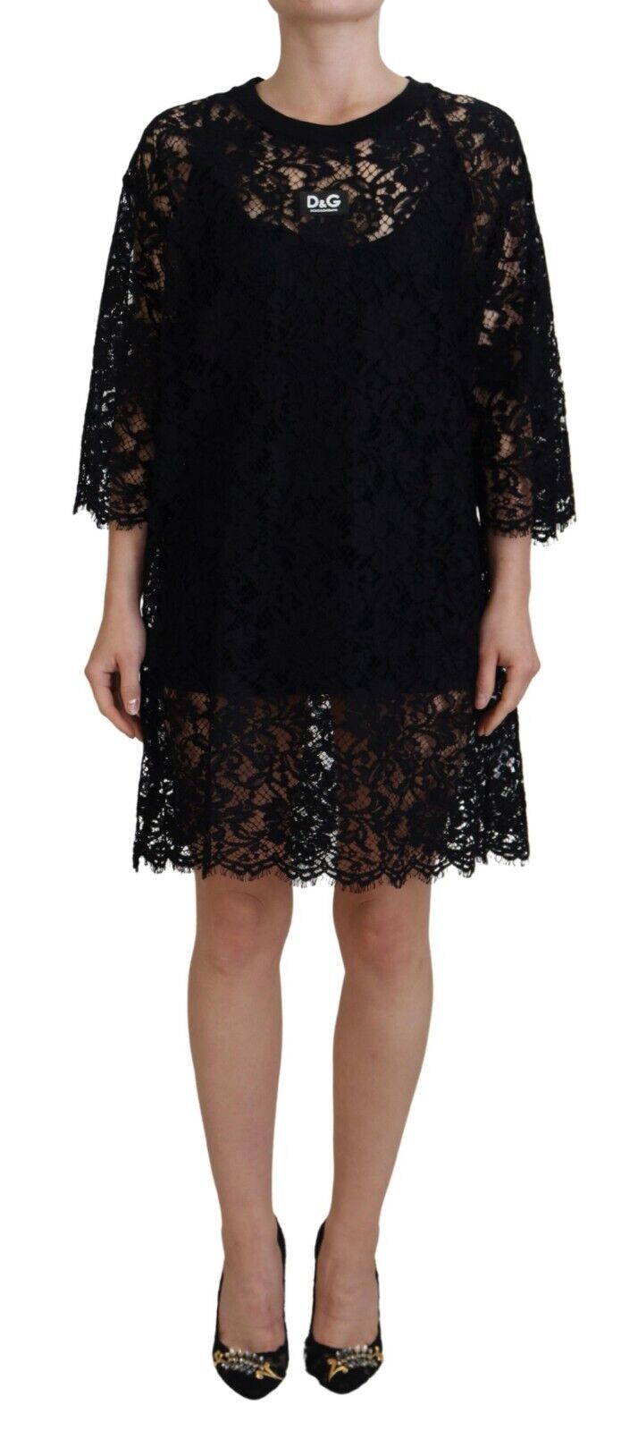 Dolce & Gabbana Schwarzes Shift-Minikleid aus Baumwolle mit floraler Spitze-1