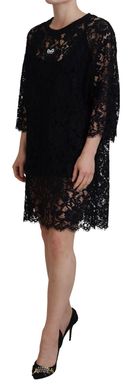 Dolce & Gabbana Schwarzes Shift-Minikleid aus Baumwolle mit floraler Spitze-2