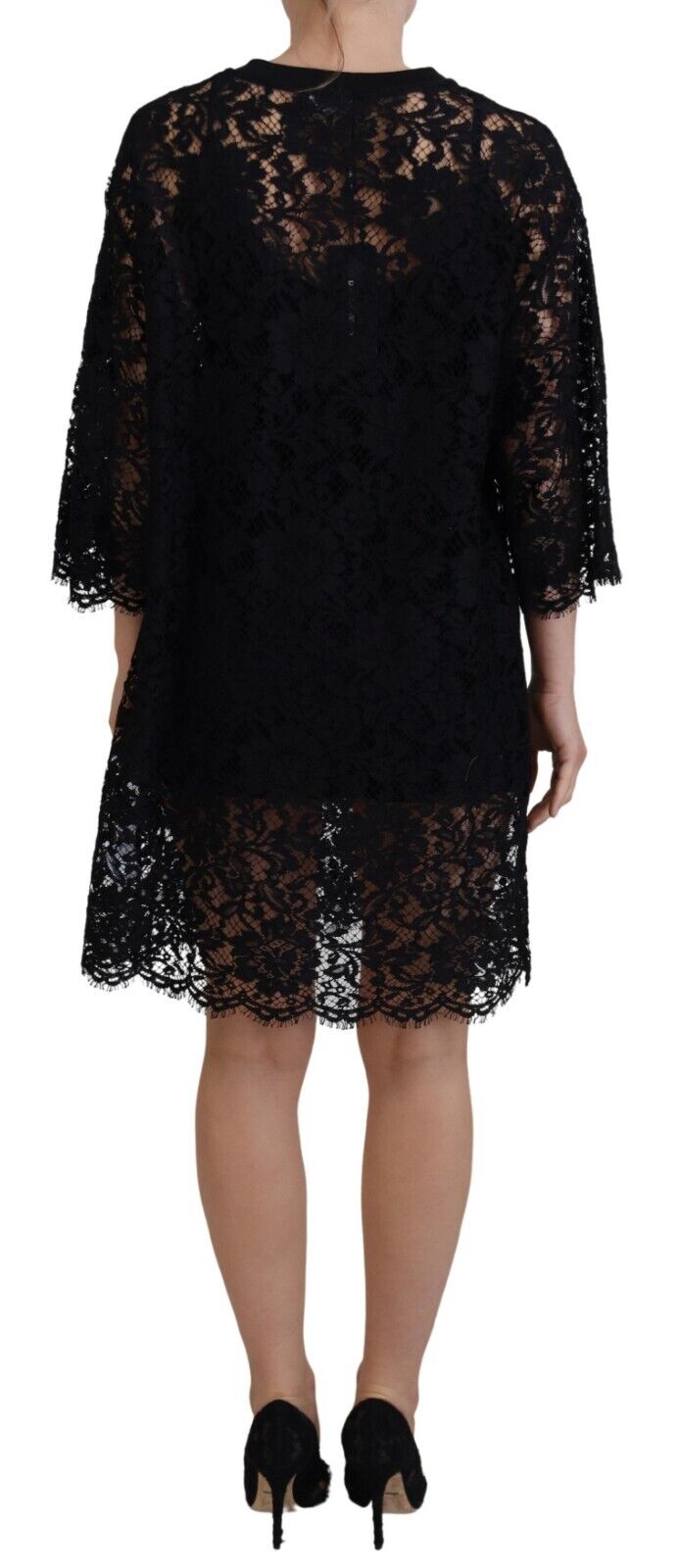 Dolce & Gabbana Schwarzes Shift-Minikleid aus Baumwolle mit floraler Spitze-3