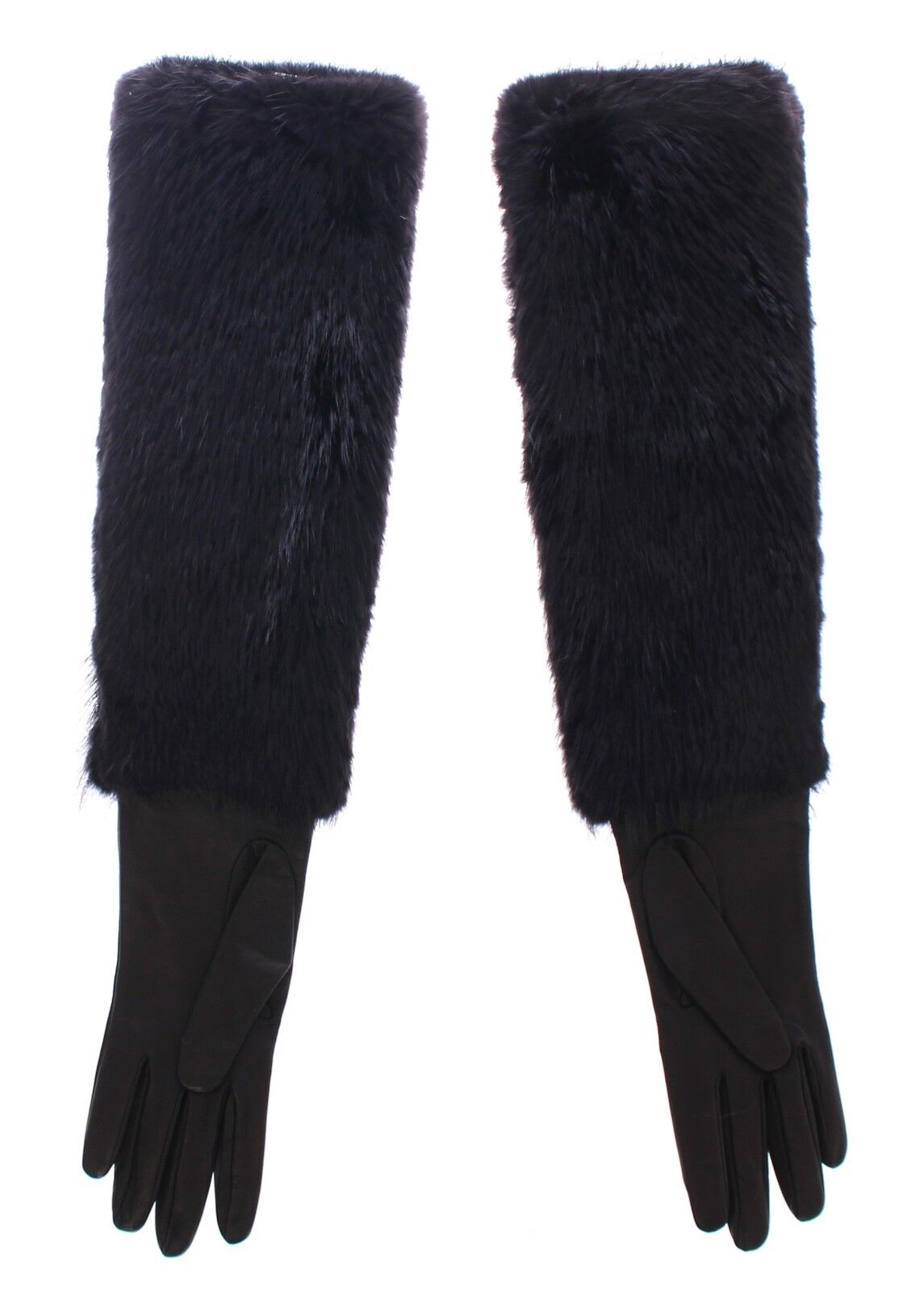 Dolce & Gabbana Black Beaver Fur Lambskin Leather Elbow Gloves-2