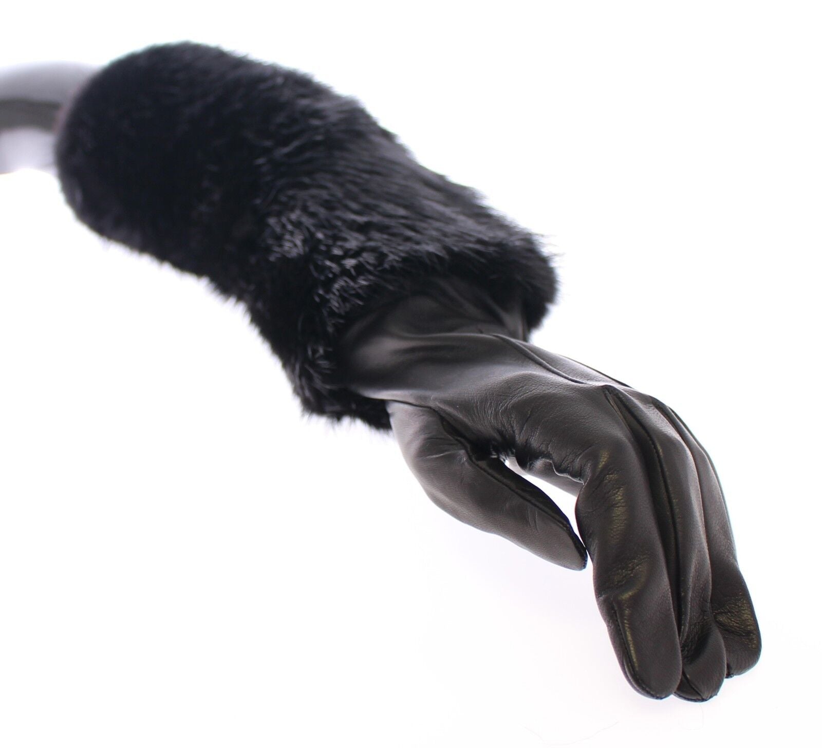 Dolce & Gabbana Black Beaver Fur Lambskin Leather Elbow Gloves-6