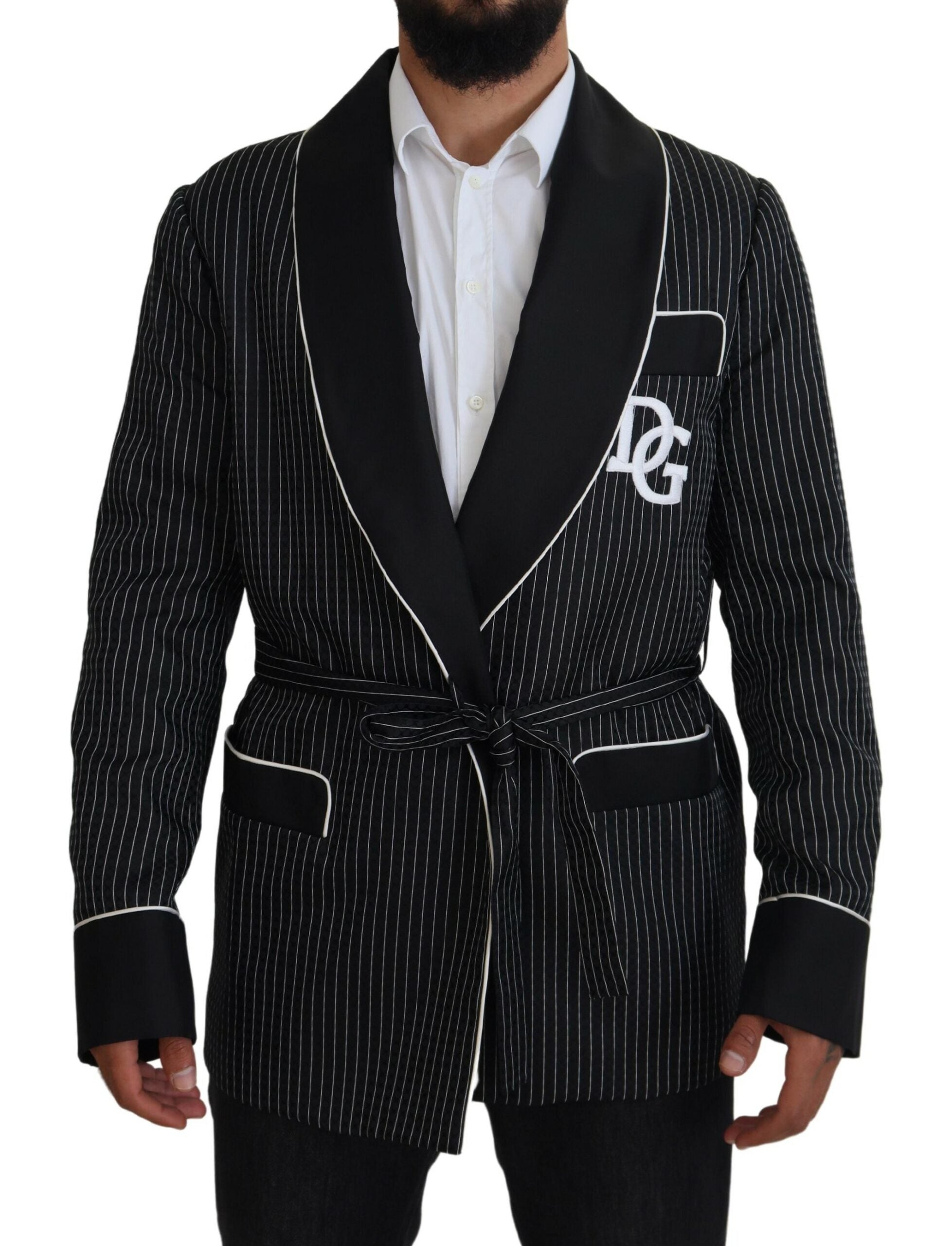 Dolce & Gabbana Black Robe Striped DG Patch Jacket Men's Blazer-1
