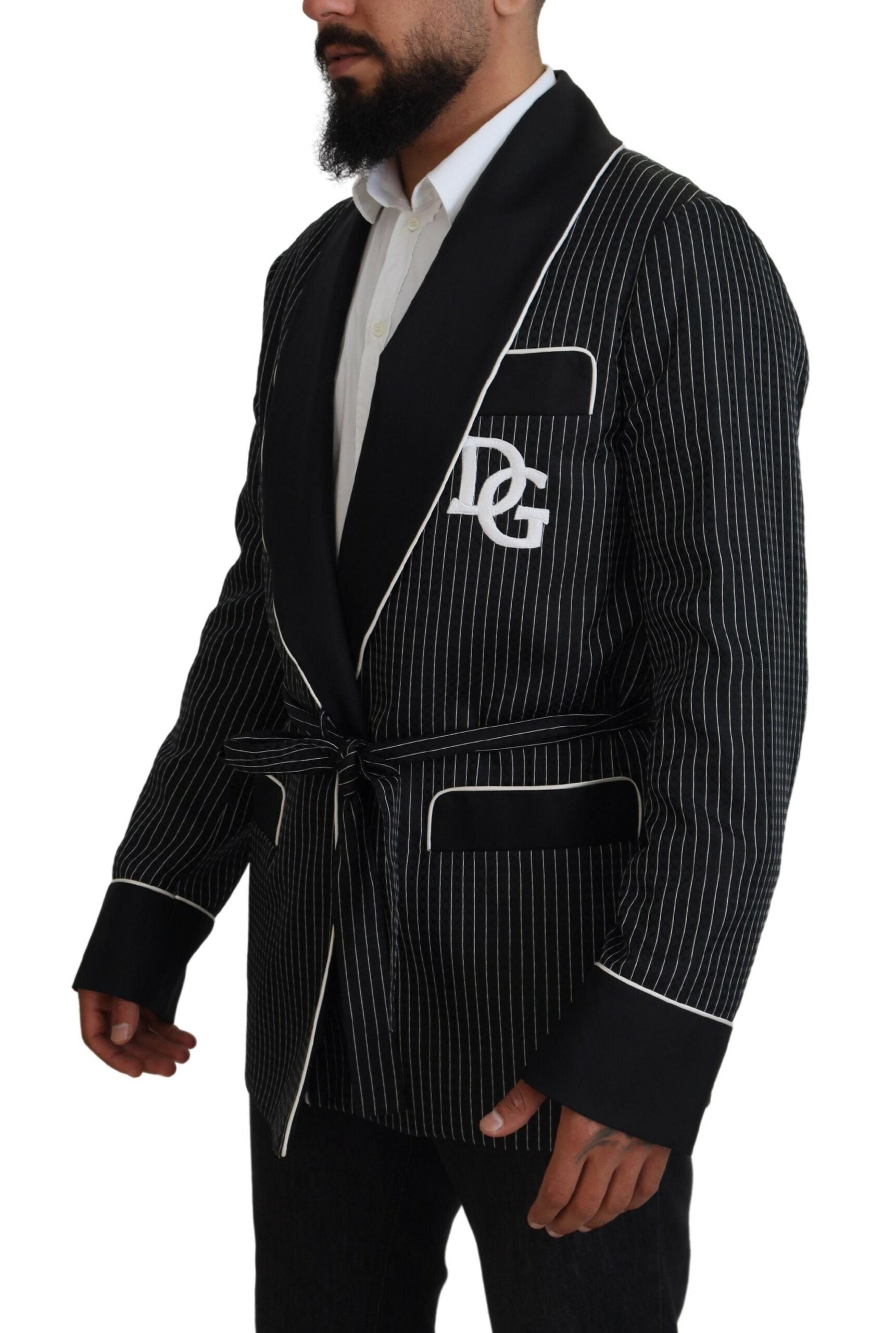 Dolce & Gabbana Black Robe Striped DG Patch Jacket Men's Blazer-2