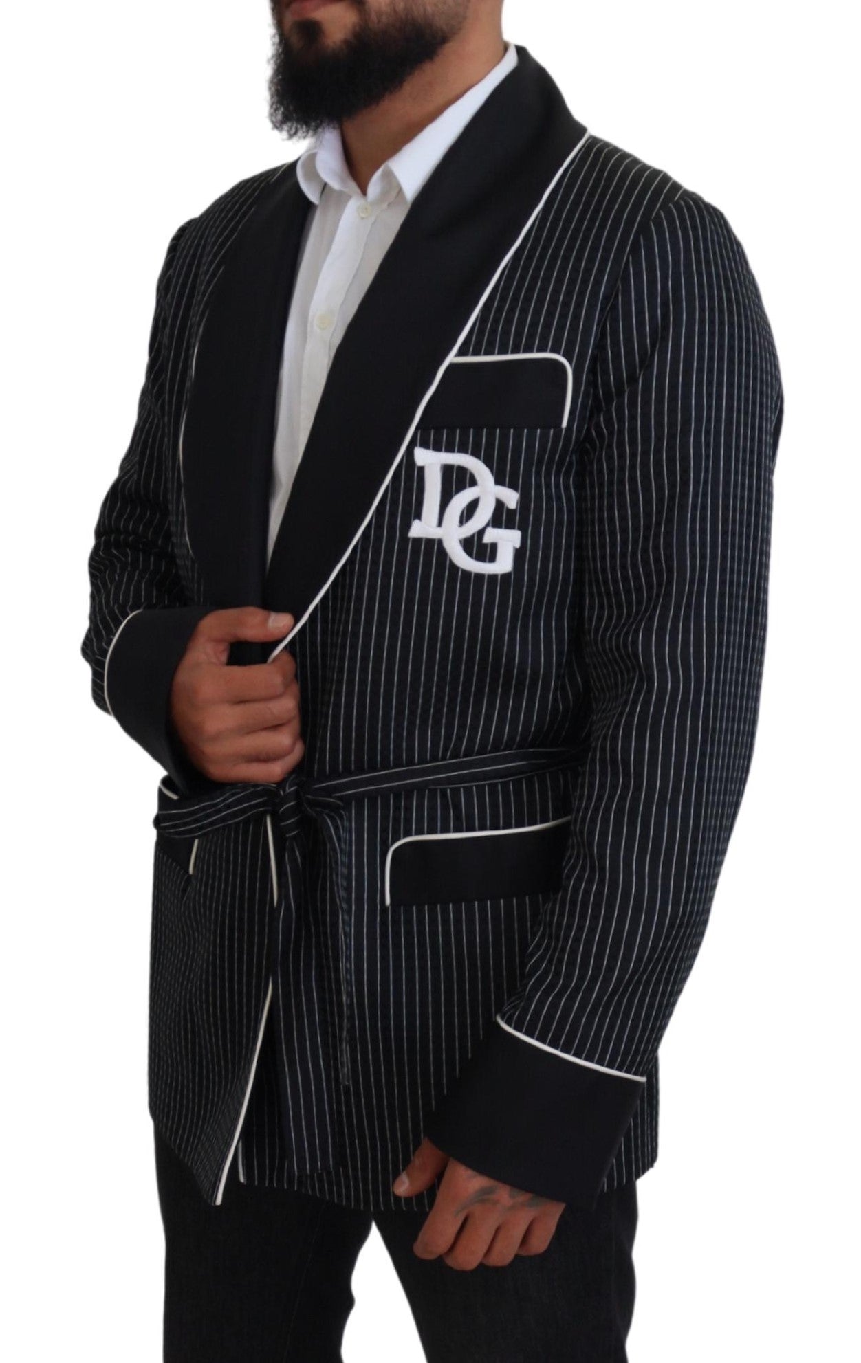 Dolce & Gabbana Black Robe Striped DG Patch Jacket Men's Blazer-5