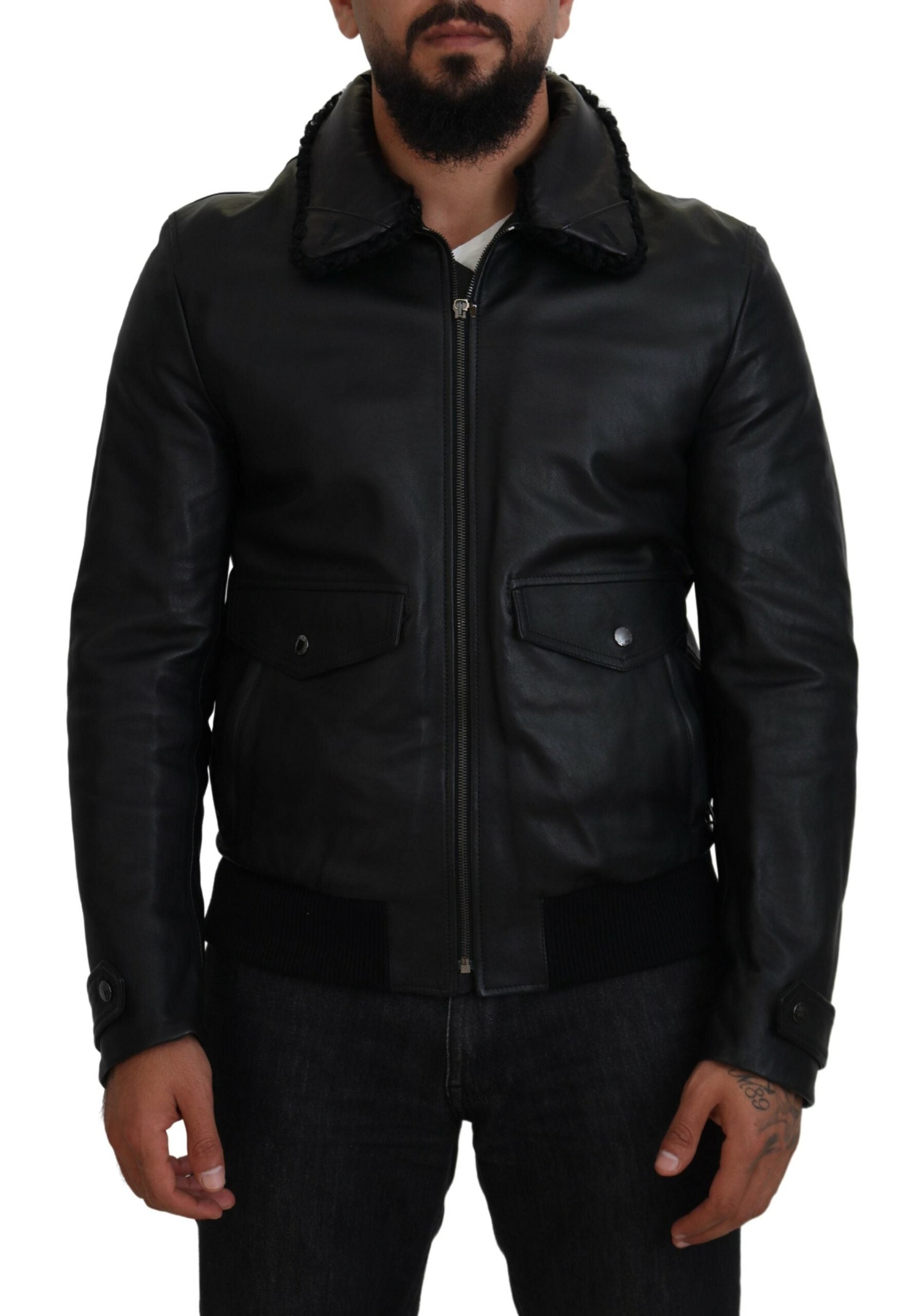 Dolce & Gabbana Black Lambskin Leather Collared Men's Coat Jacket-1