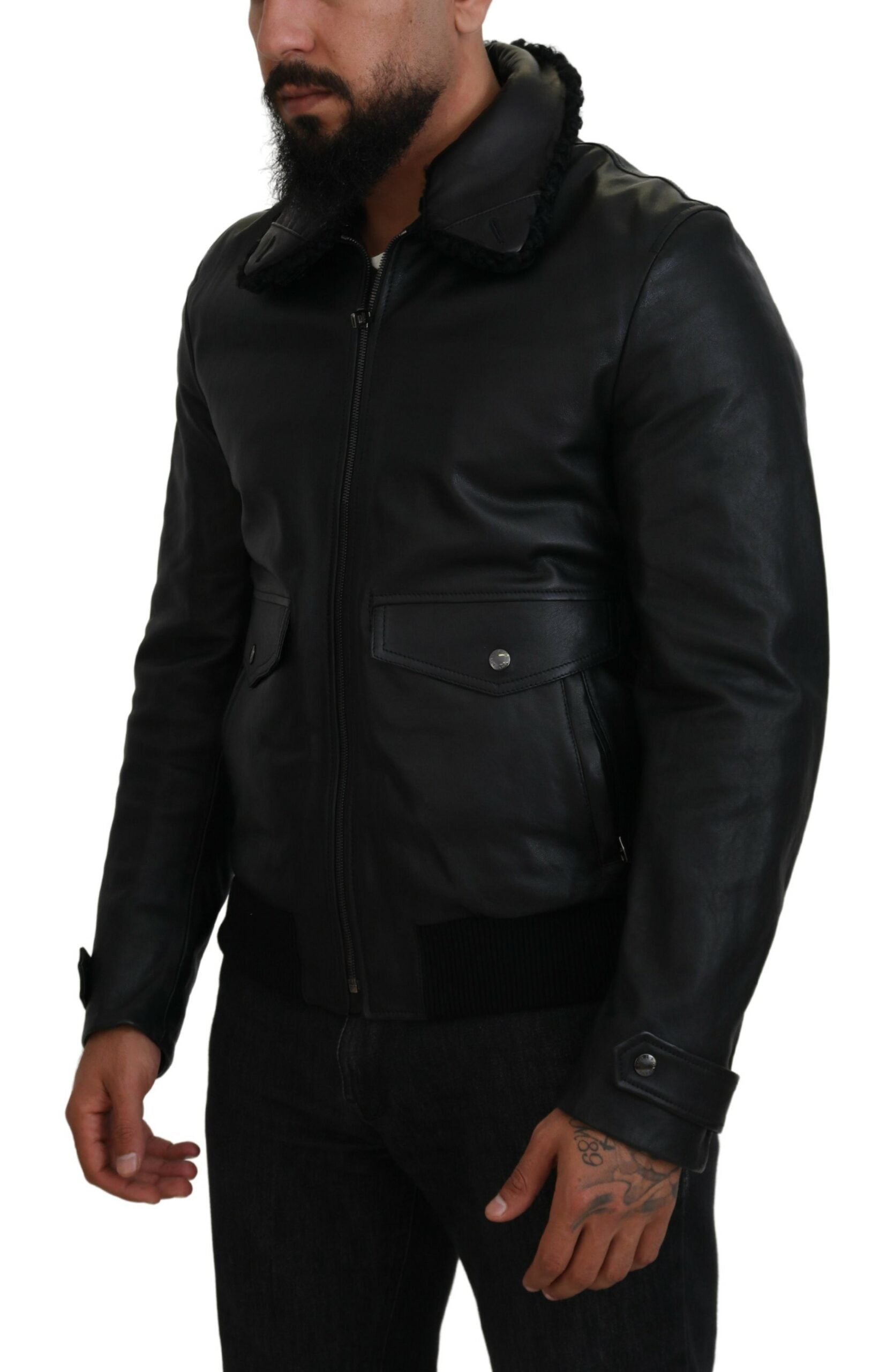 Dolce & Gabbana Black Lambskin Leather Collared Men's Coat Jacket-2