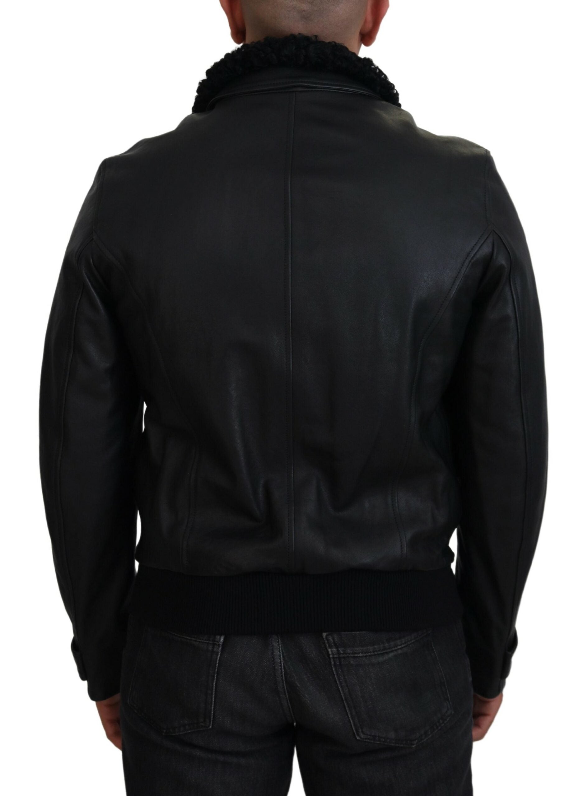 Dolce & Gabbana Black Lambskin Leather Collared Men's Coat Jacket-3