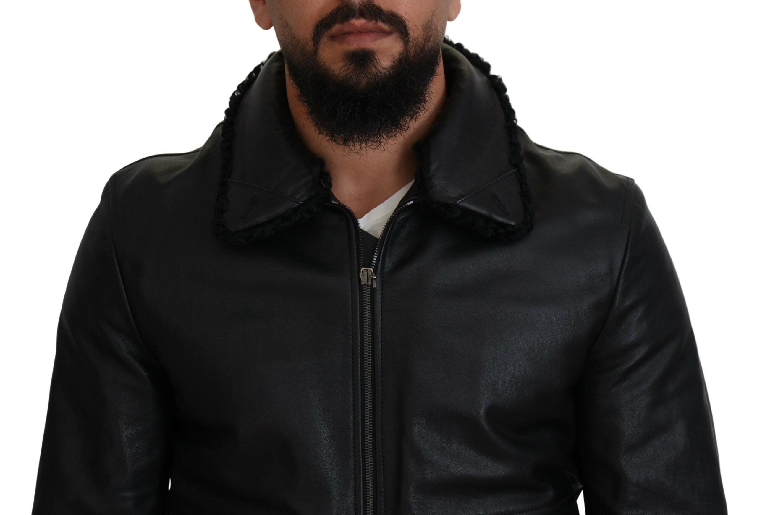 Dolce & Gabbana Black Lambskin Leather Collared Men's Coat Jacket-4