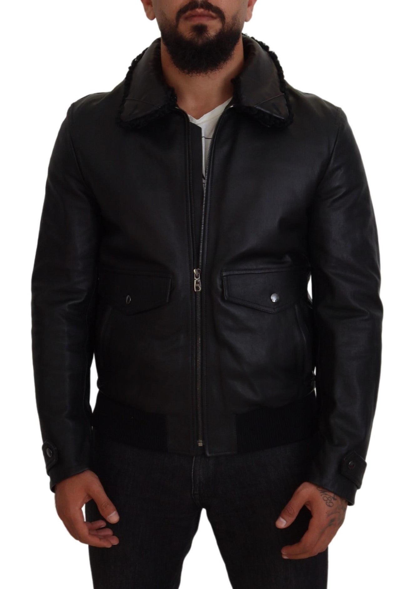 Dolce & Gabbana Black Lambskin Leather Collared Men's Coat Jacket-5