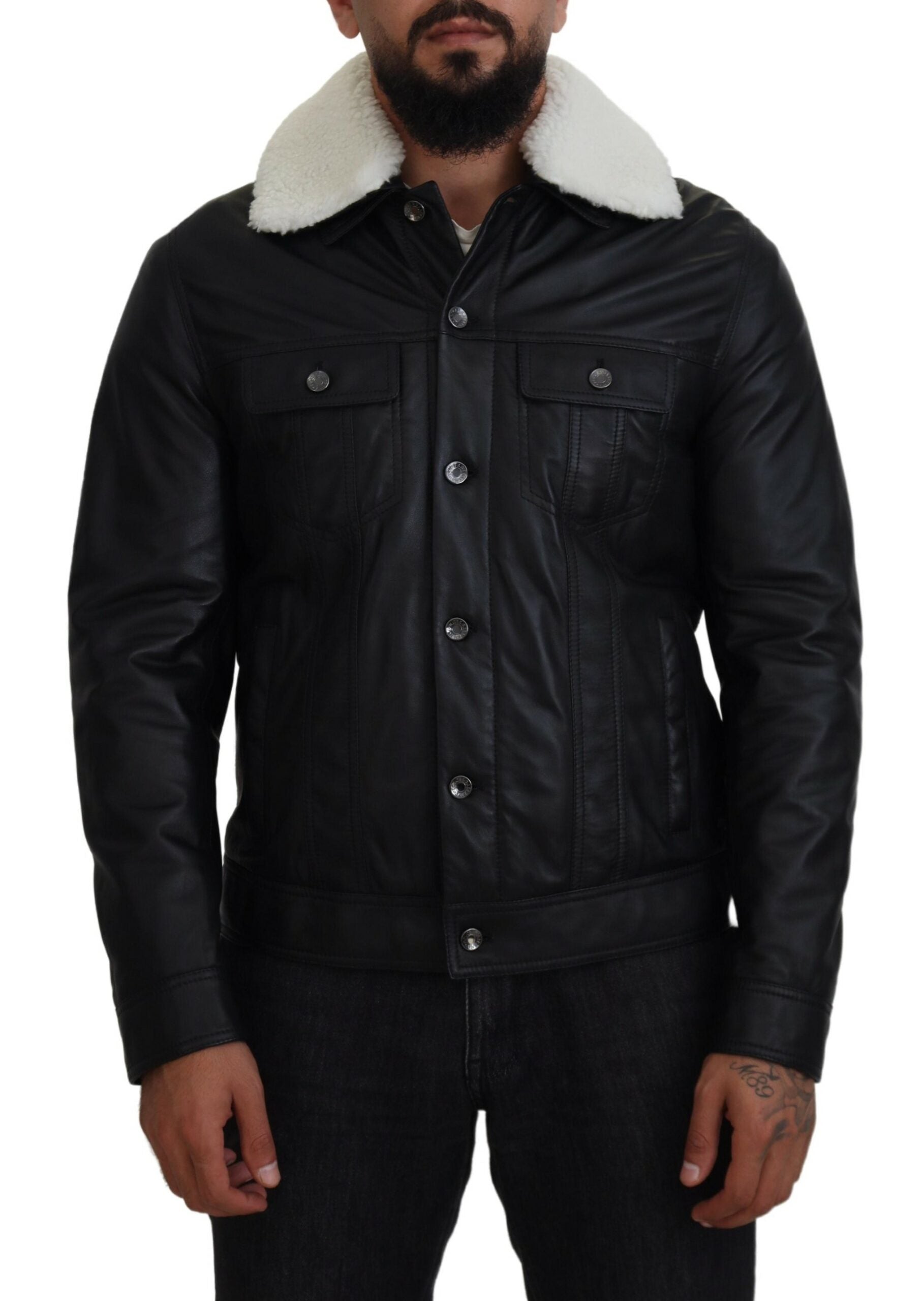 Dolce & Gabbana Black Lambskin Leather Collared Men's Coat Jacket
