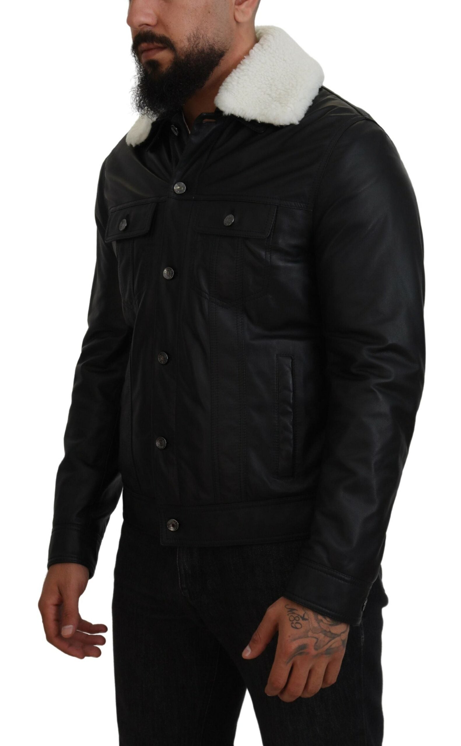 Dolce & Gabbana Black Lambskin Leather Collared Men's Coat Jacket-2