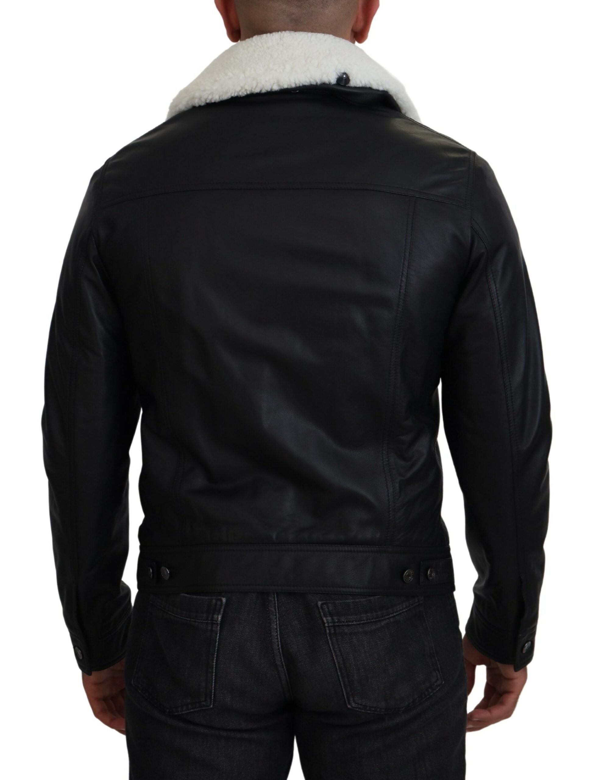 Dolce & Gabbana Black Lambskin Leather Collared Men's Coat Jacket-3