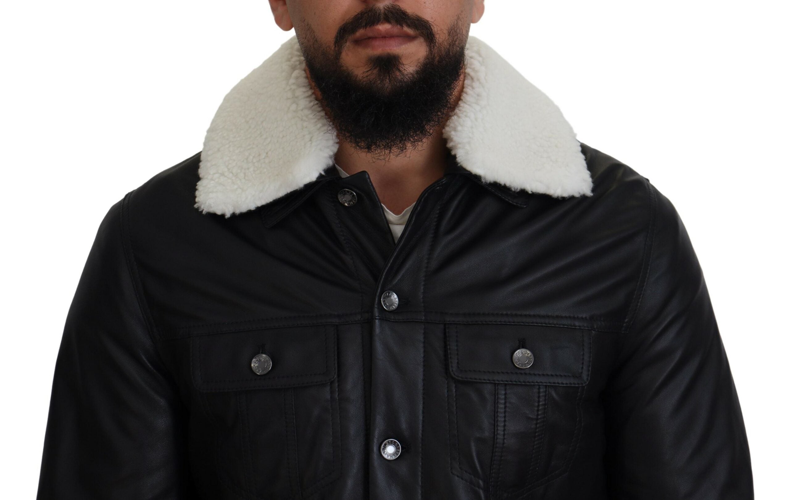 Dolce & Gabbana Black Lambskin Leather Collared Men's Coat Jacket-4