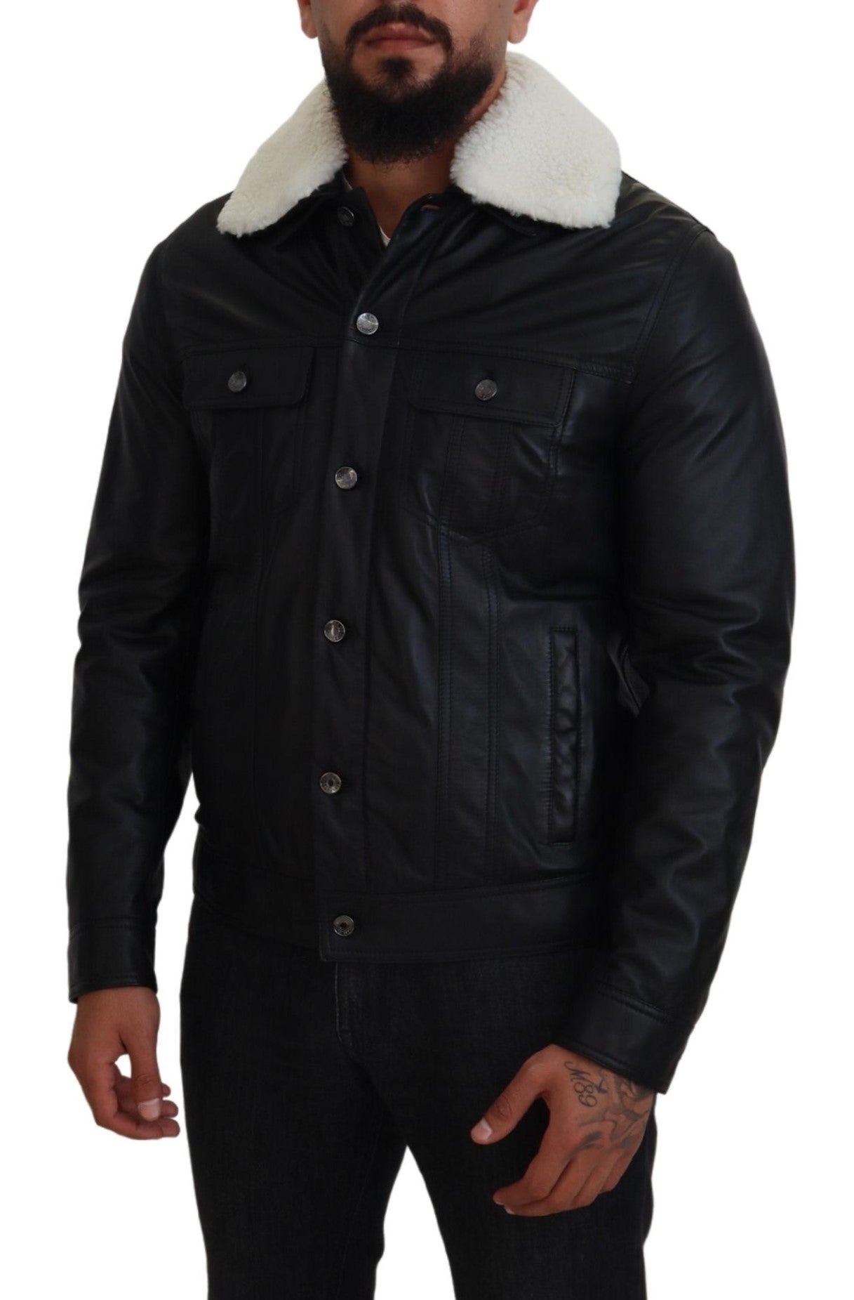 Dolce & Gabbana Black Lambskin Leather Collared Men's Coat Jacket-5