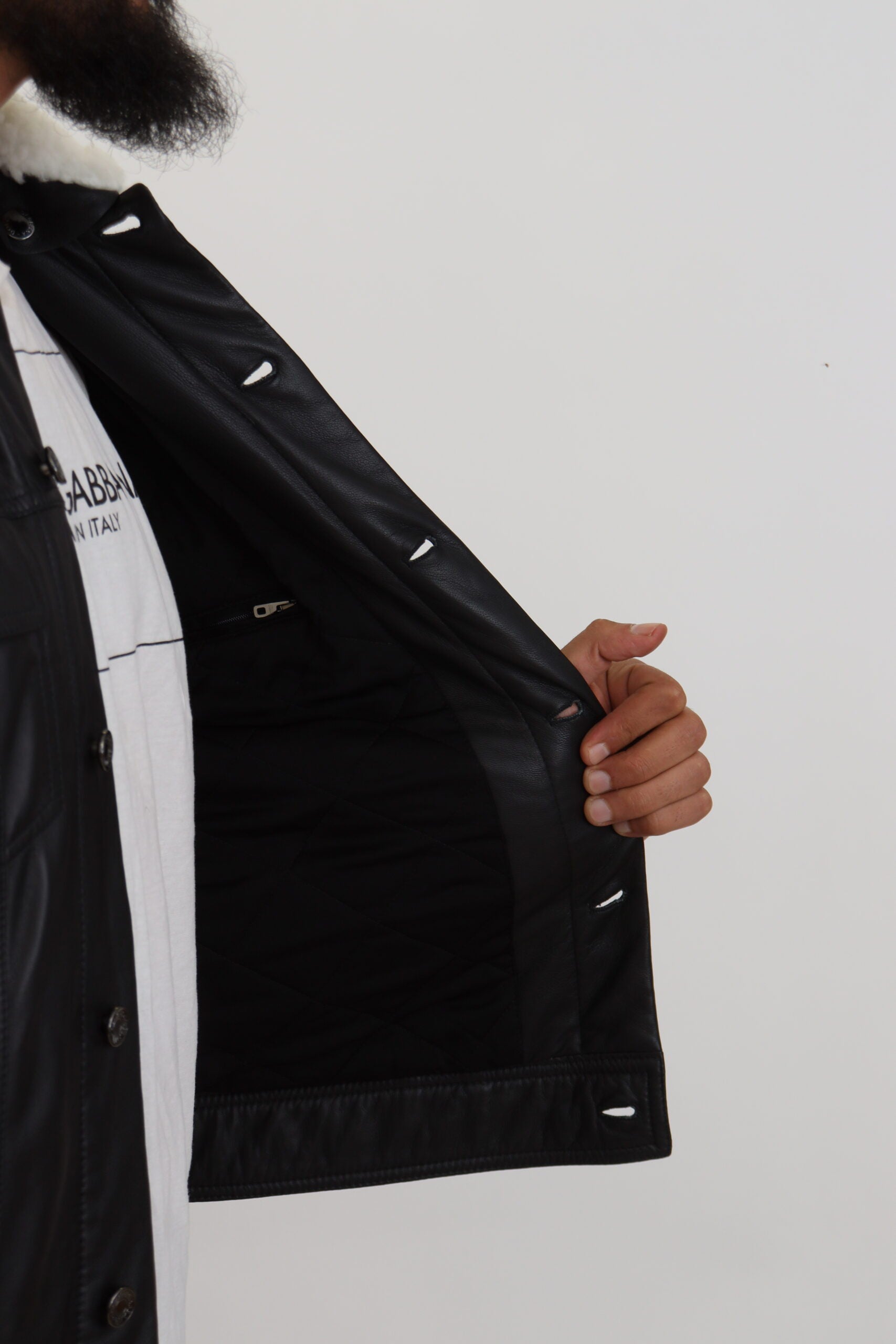 Dolce & Gabbana Black Lambskin Leather Collared Men's Coat Jacket-6