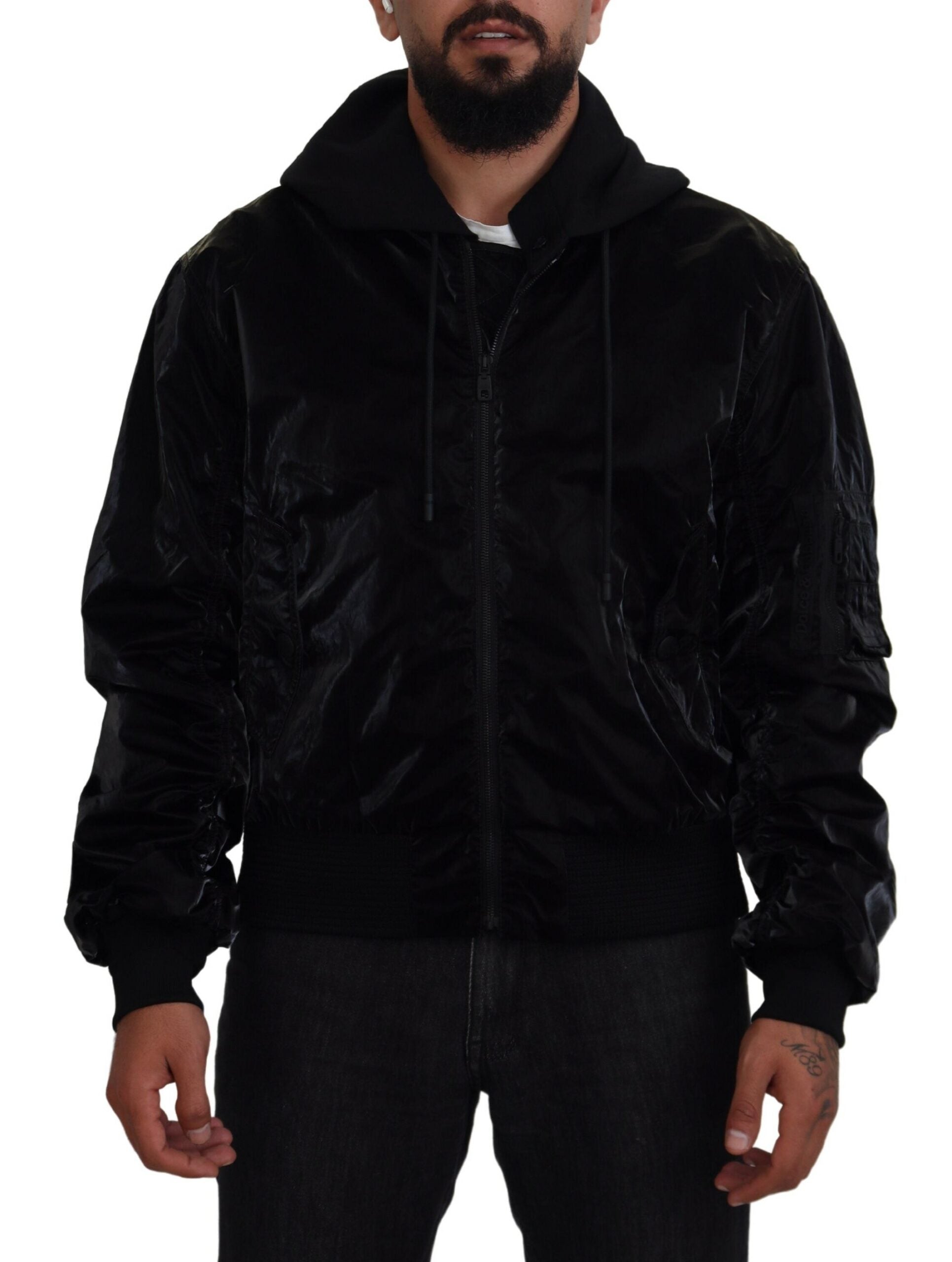 Dolce & Gabbana Black Nylon Bomber Jacket with Hood and Zipper