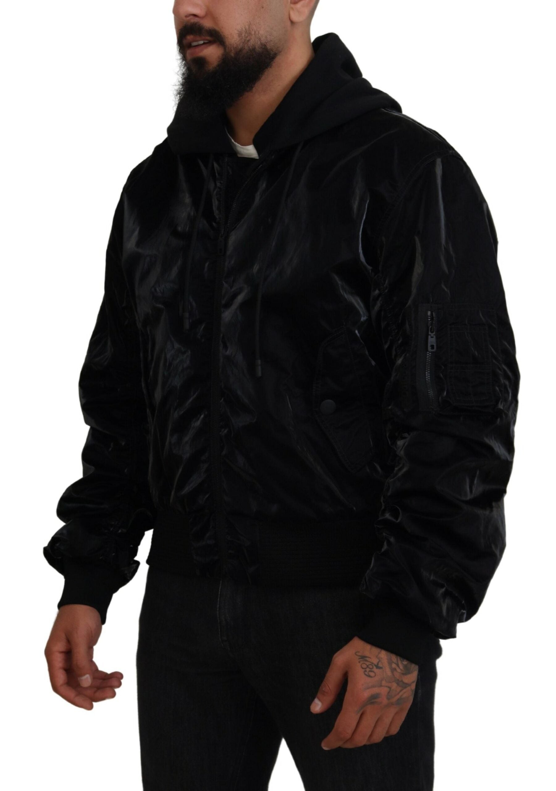 Dolce & Gabbana Black Nylon Bomber Jacket with Hood and Zipper-2