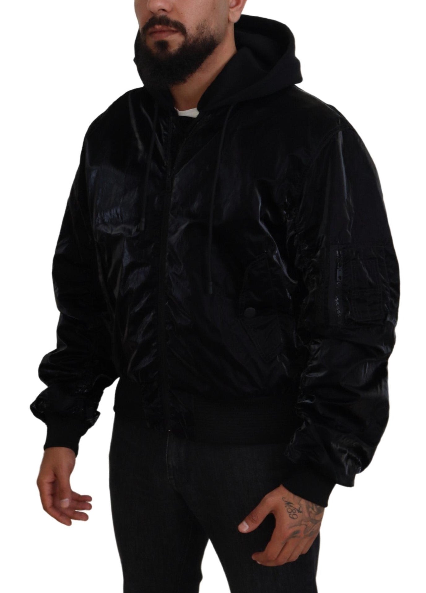 Dolce & Gabbana Black Nylon Bomber Jacket with Hood and Zipper-5
