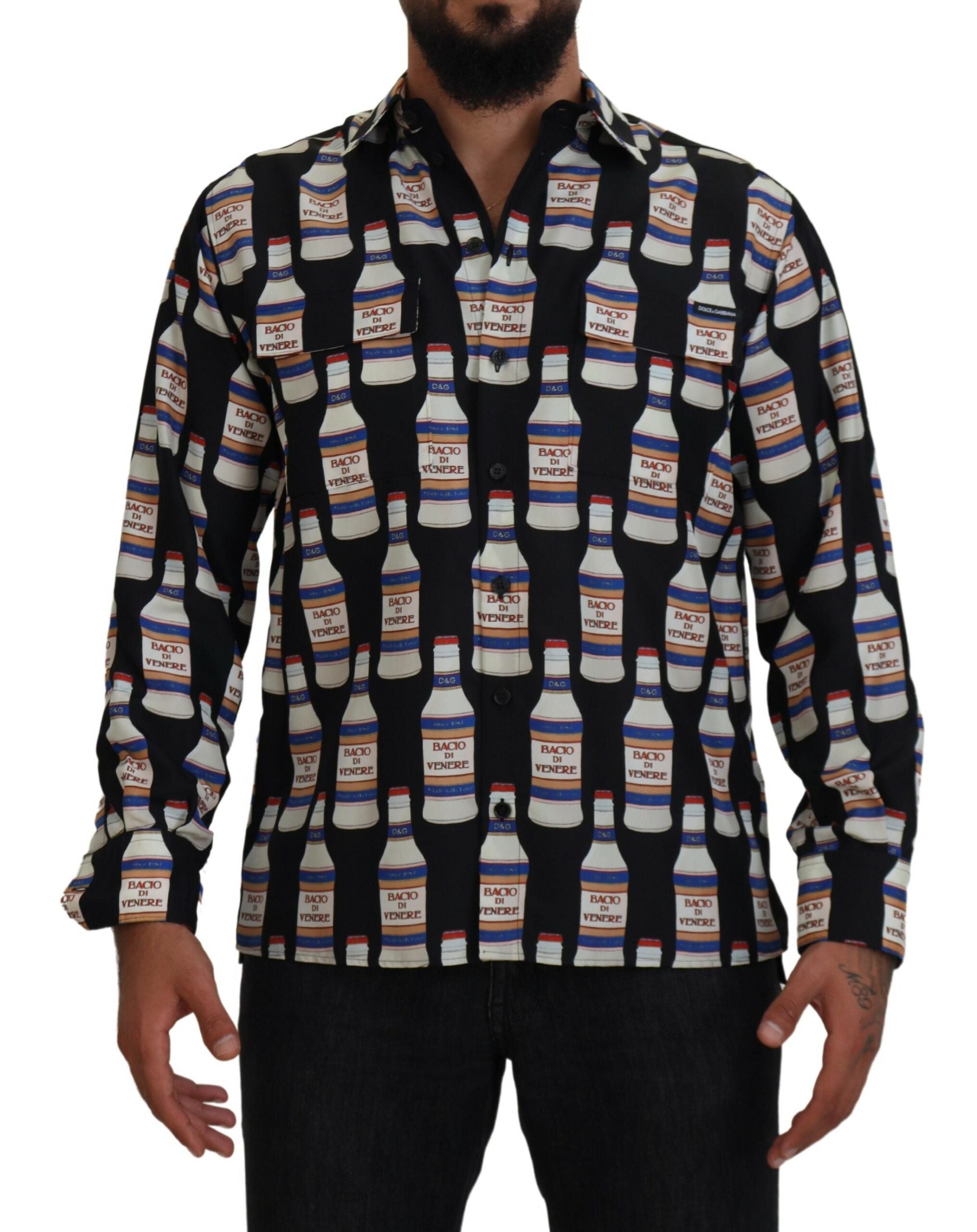 Dolce & Gabbana Black Silk Shirt with Printed Collar for Men Casual Shirt-1