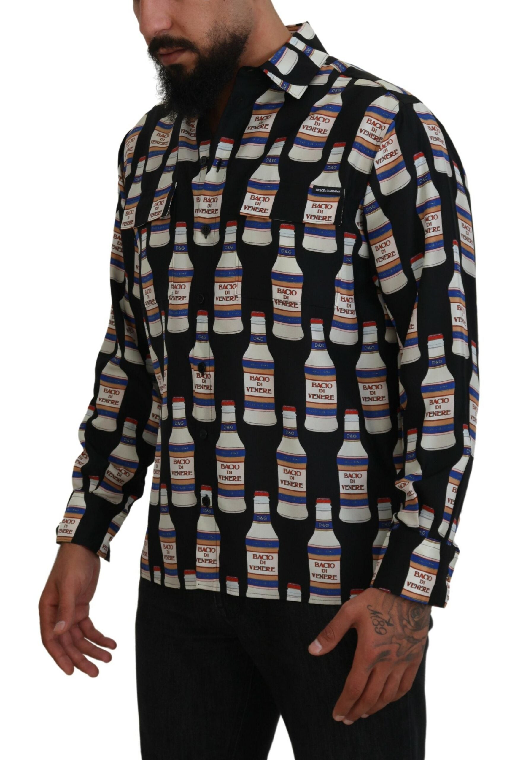 Dolce & Gabbana Black Silk Shirt with Printed Collar for Men Casual Shirt-2