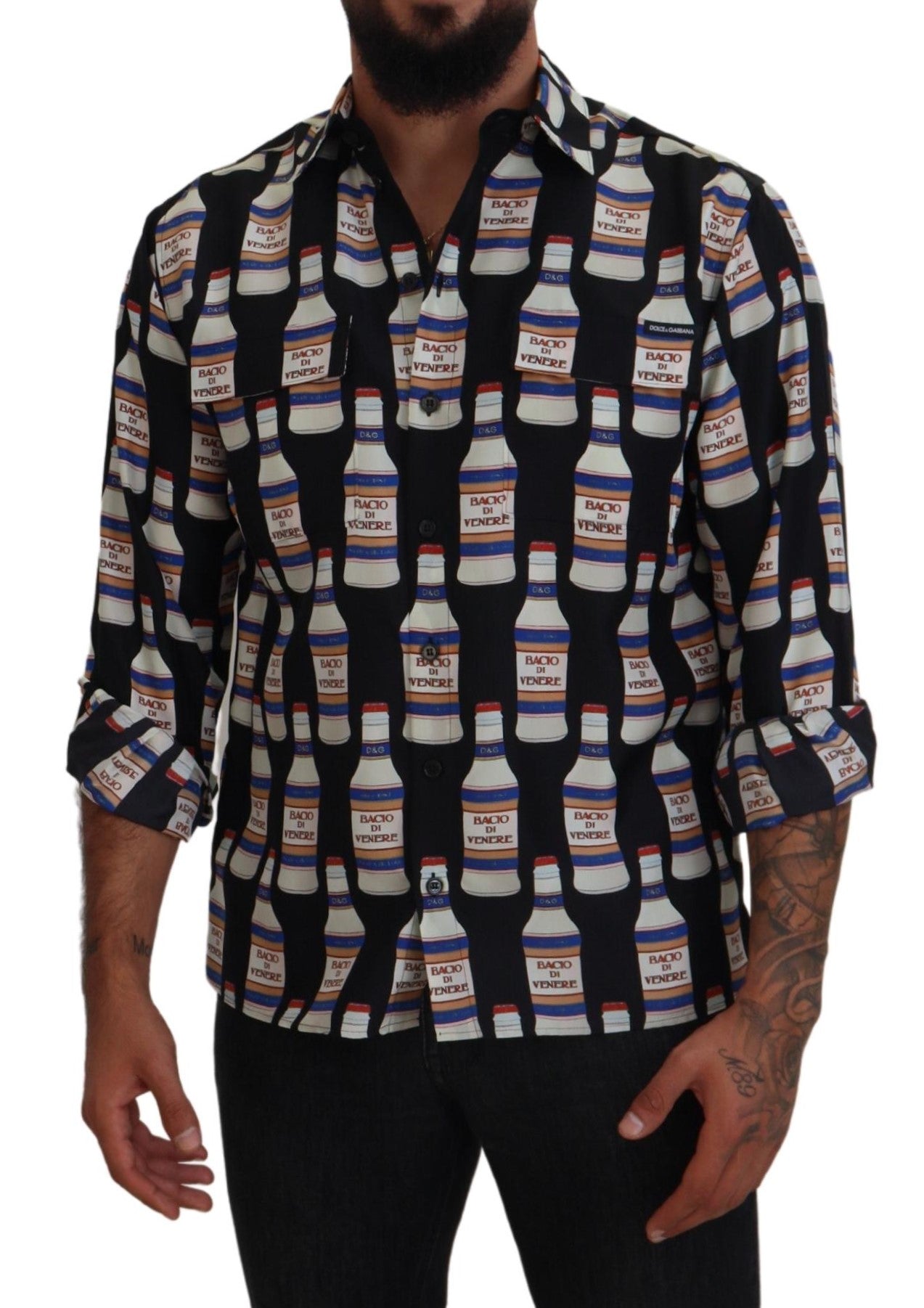 Dolce & Gabbana Black Silk Shirt with Printed Collar for Men Casual Shirt-5