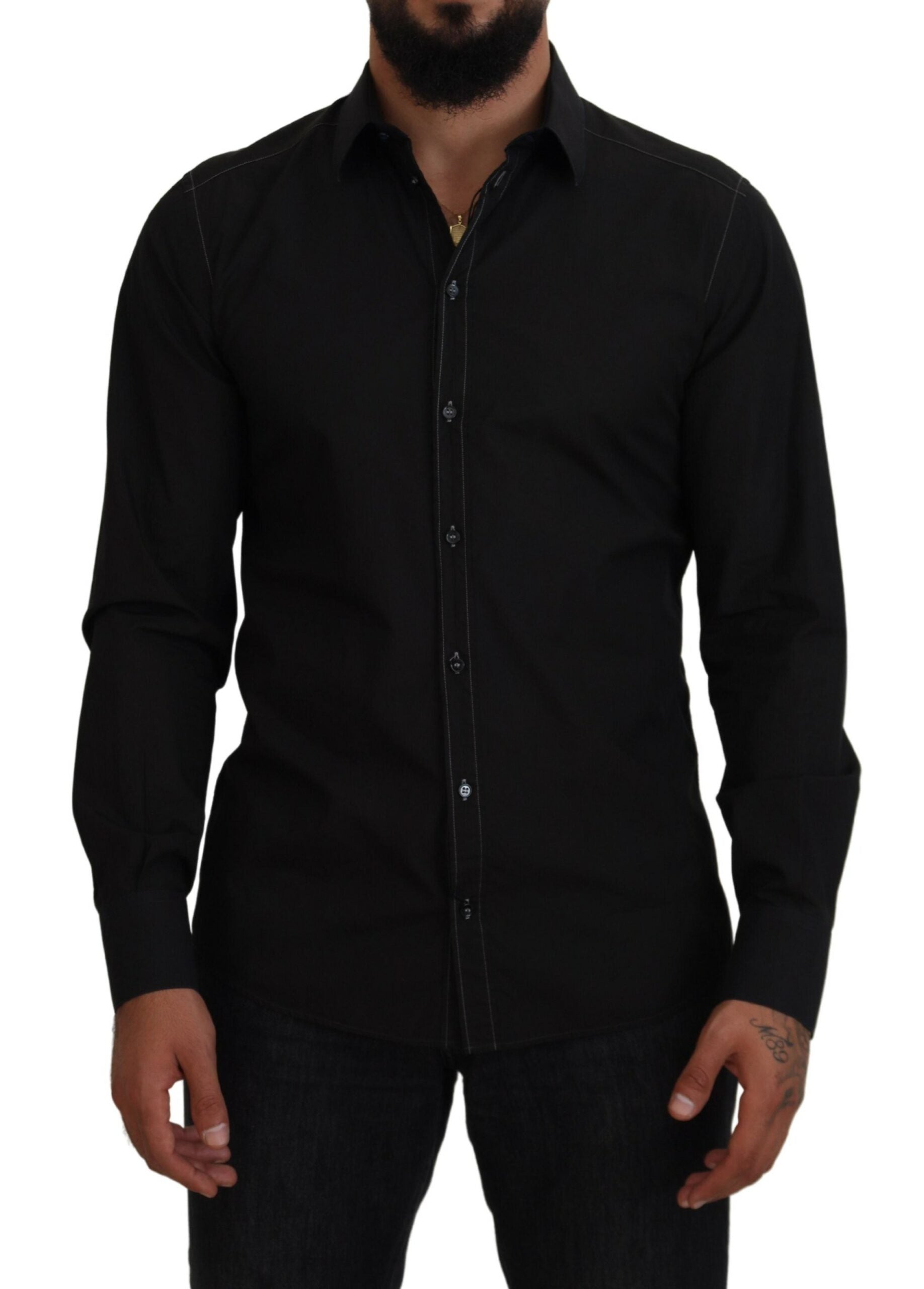 Dolce & Gabbana Black long-sleeved shirt GOLD with cotton collar-1