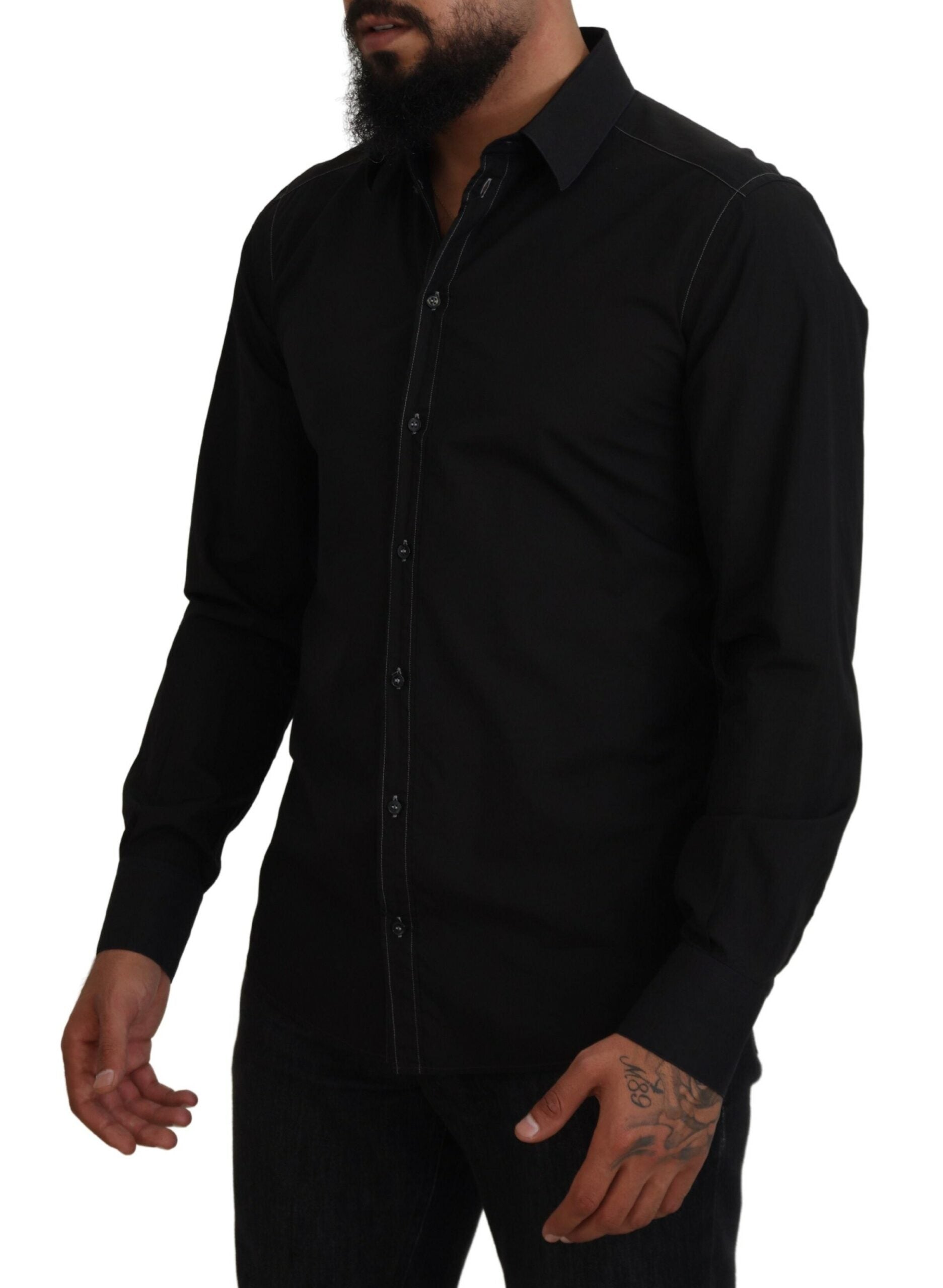 Dolce & Gabbana Black long-sleeved shirt GOLD with cotton collar-2
