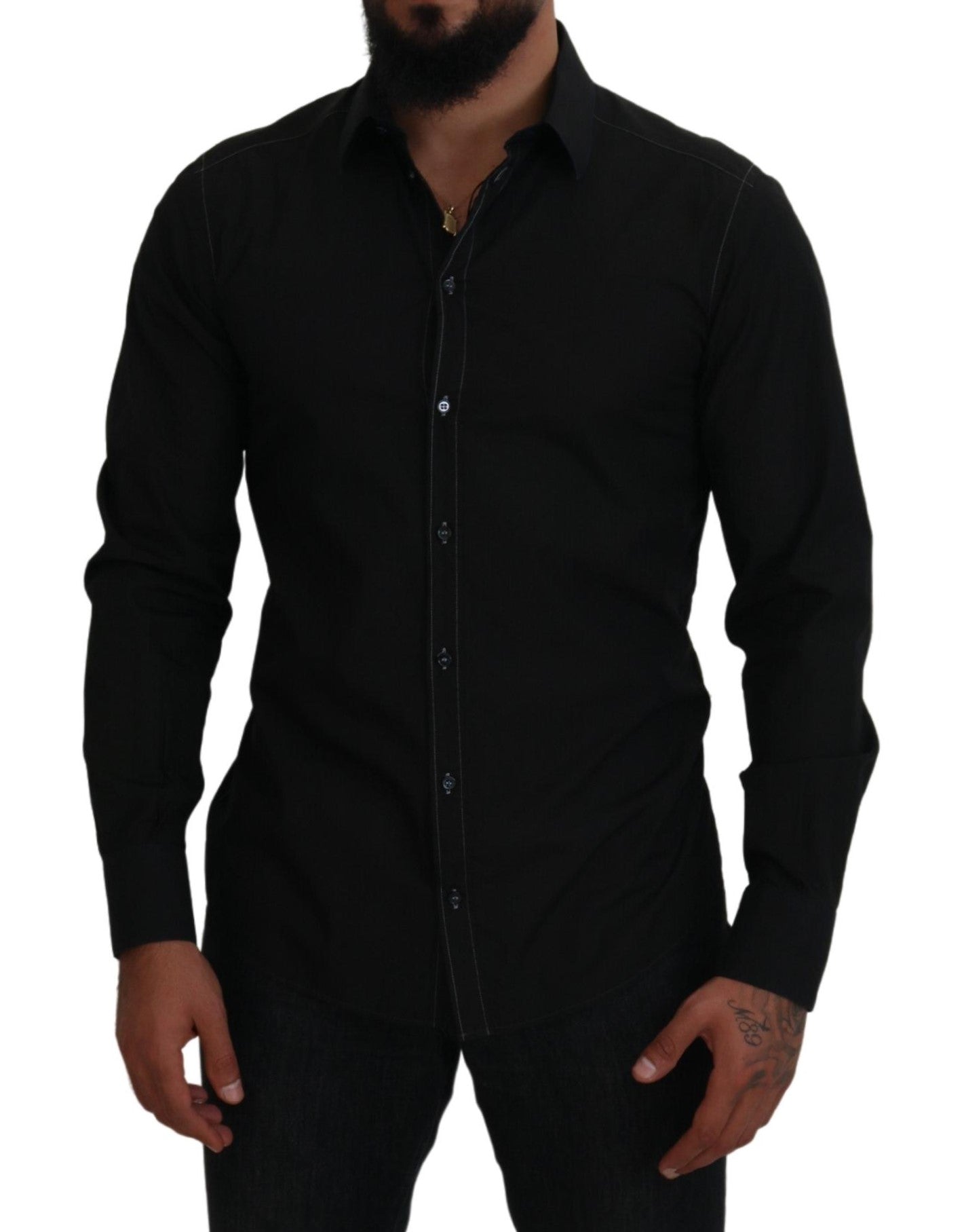 Dolce & Gabbana Black long-sleeved shirt GOLD with cotton collar-5