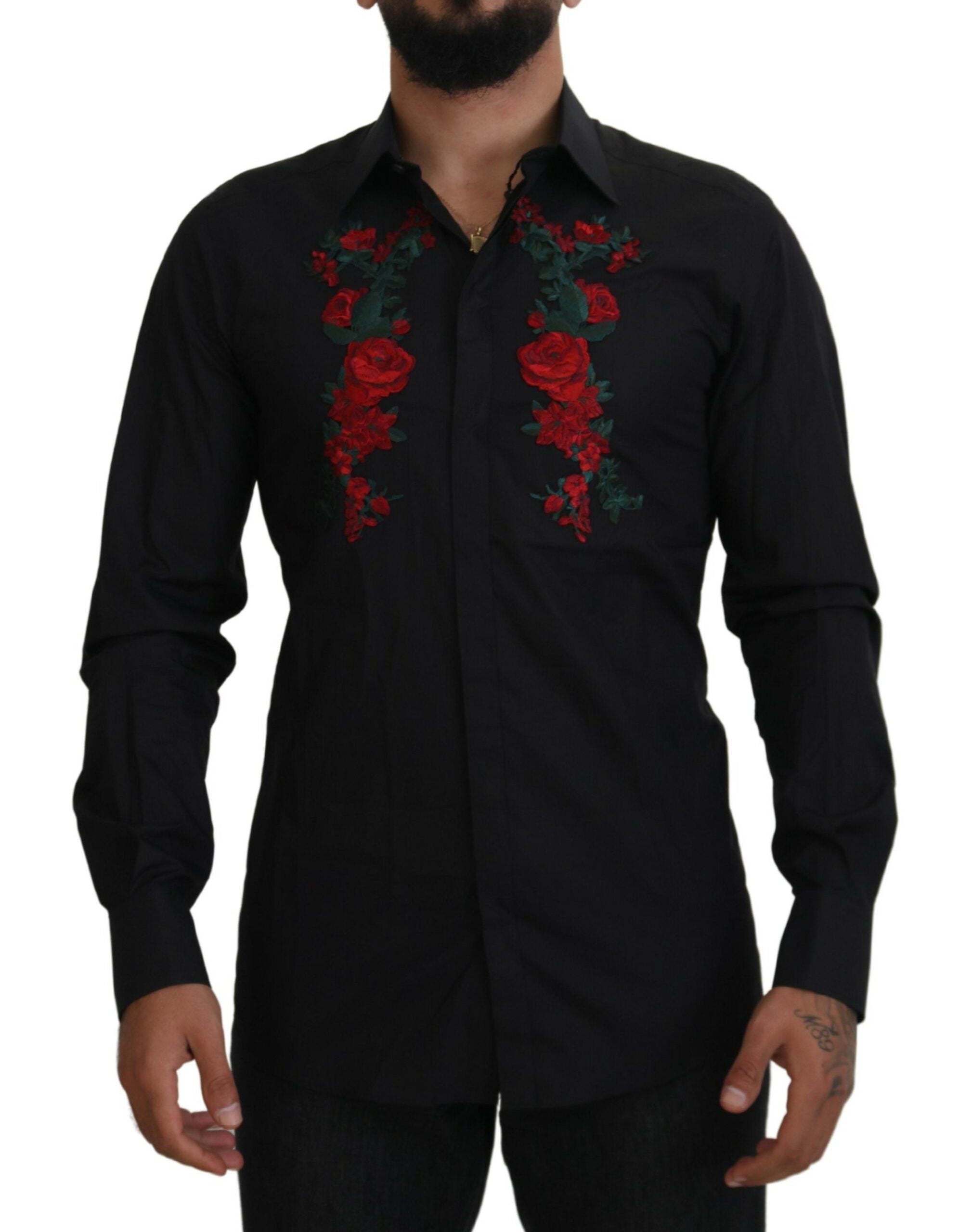 Dolce & Gabbana Black Floral Embroidery Men's Long Sleeve GOLD Shirt-1