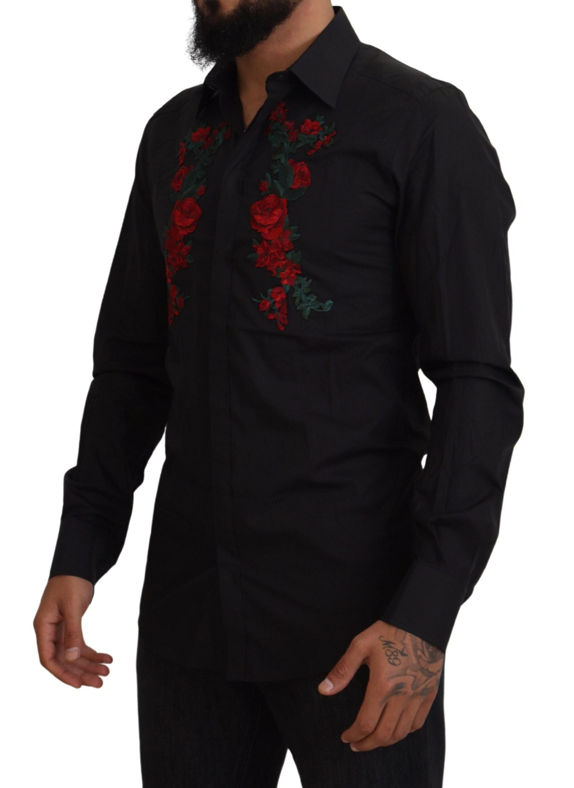 Dolce & Gabbana Black Floral Embroidery Men's Long Sleeve GOLD Shirt-2
