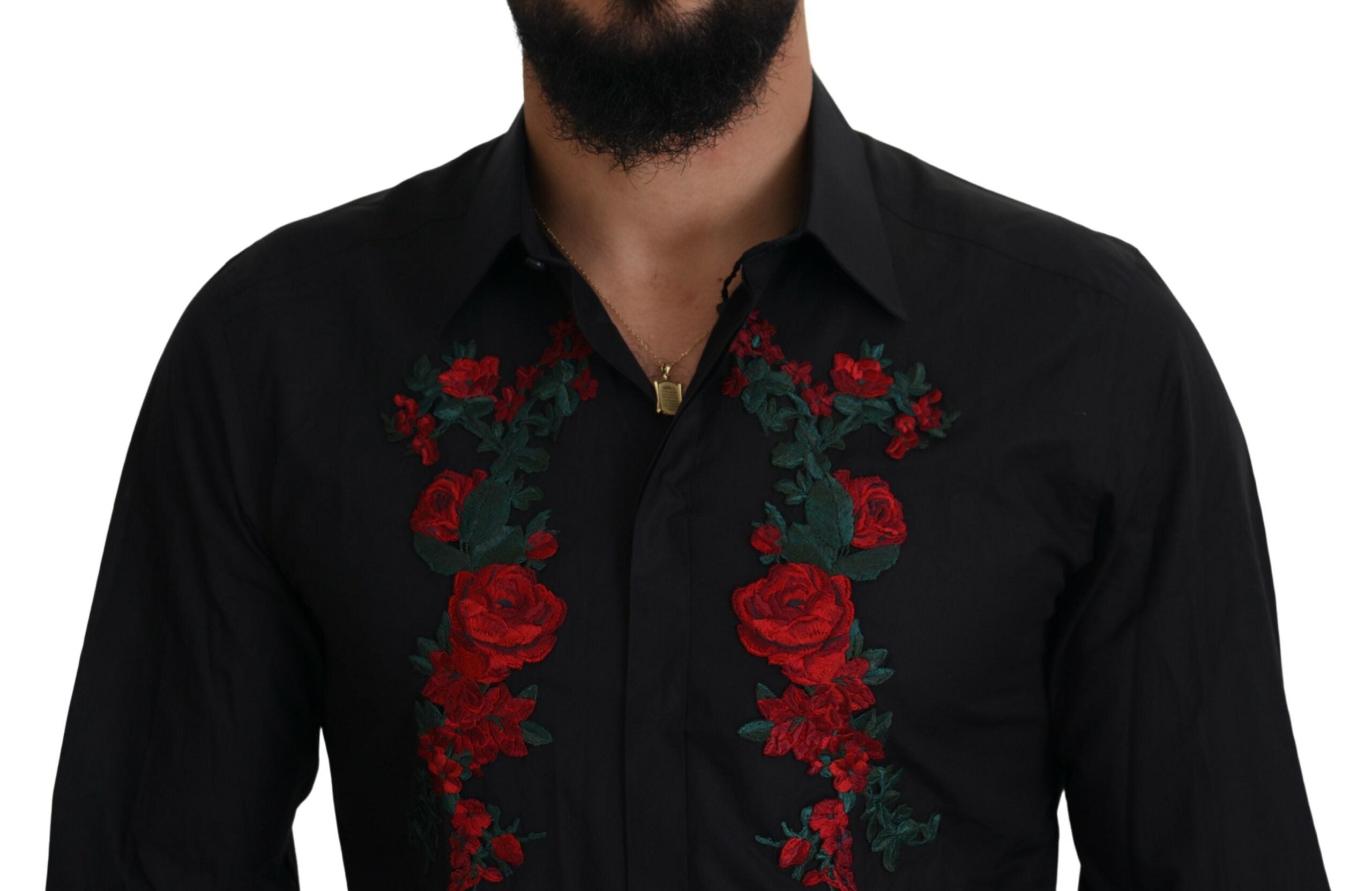 Dolce & Gabbana Black Floral Embroidery Men's Long Sleeve GOLD Shirt-4