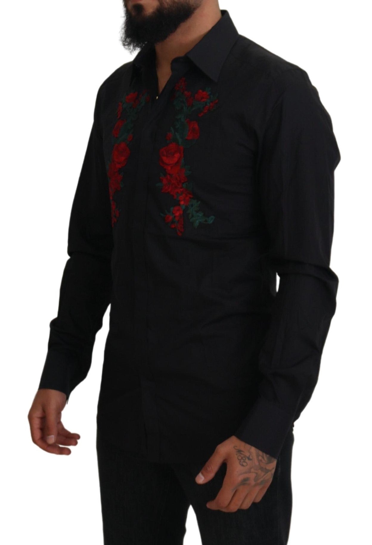 Dolce & Gabbana Black Floral Embroidery Men's Long Sleeve GOLD Shirt-5
