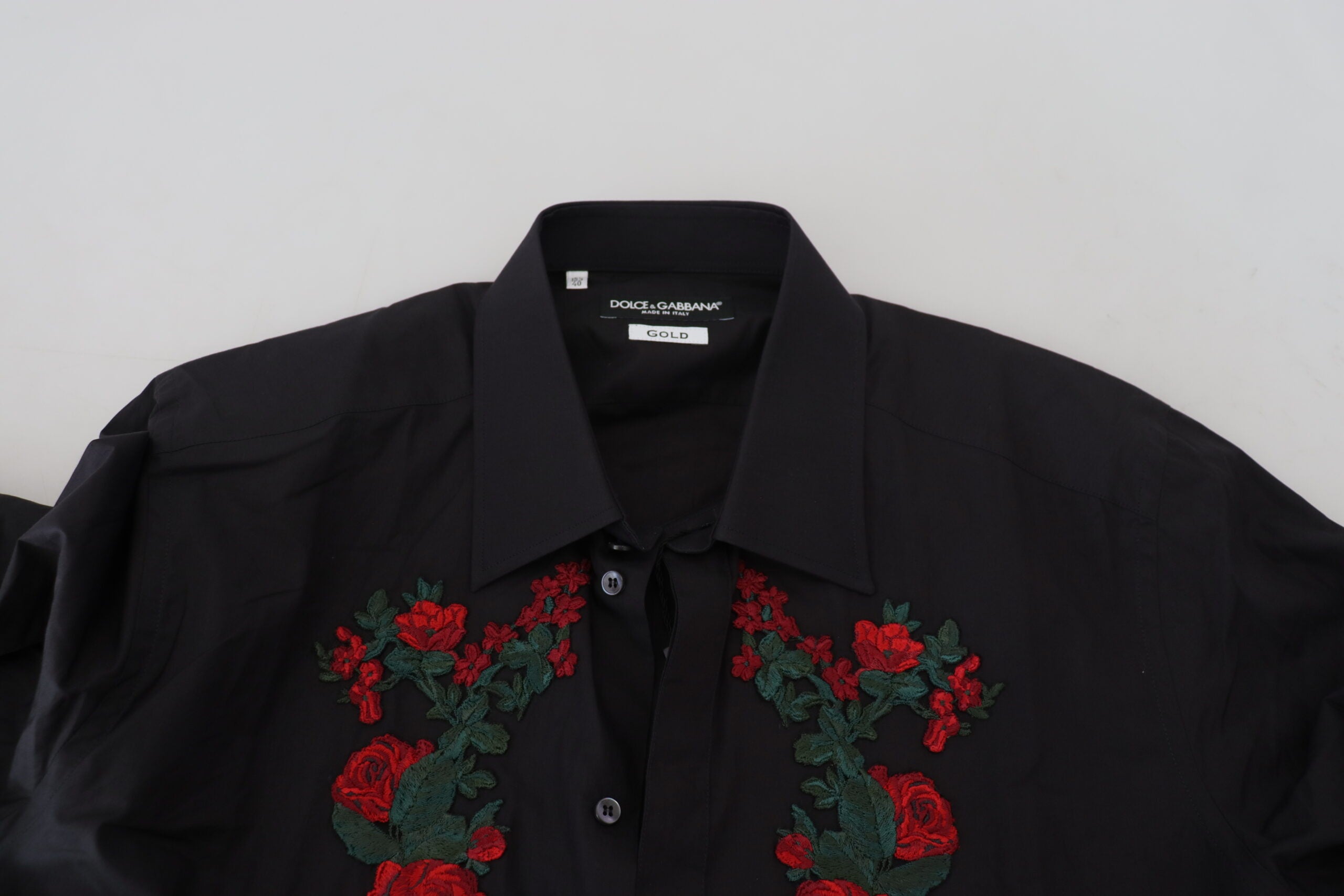 Dolce & Gabbana Black Floral Embroidery Men's Long Sleeve GOLD Shirt-6