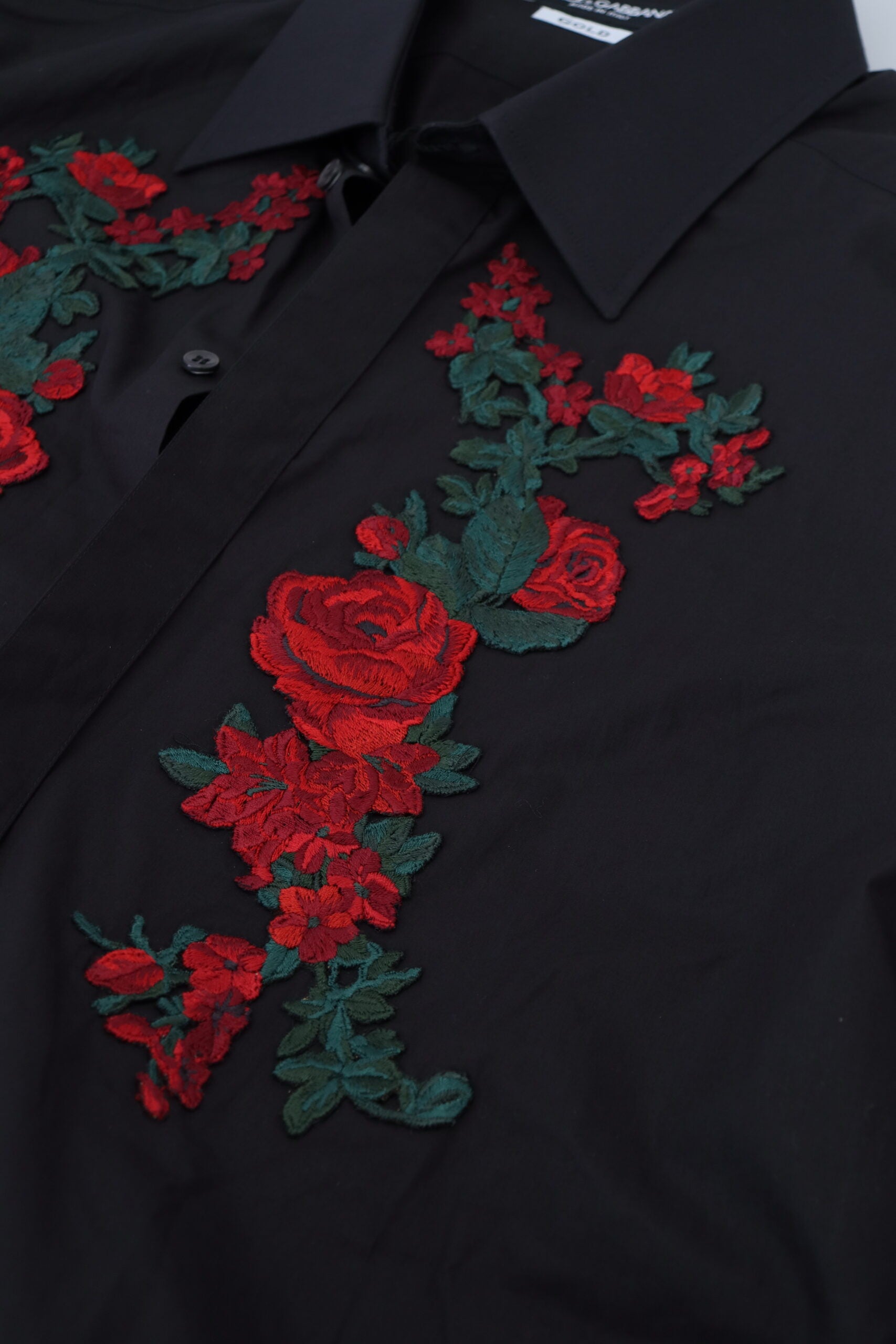 Dolce & Gabbana Black Floral Embroidery Men's Long Sleeve GOLD Shirt-8