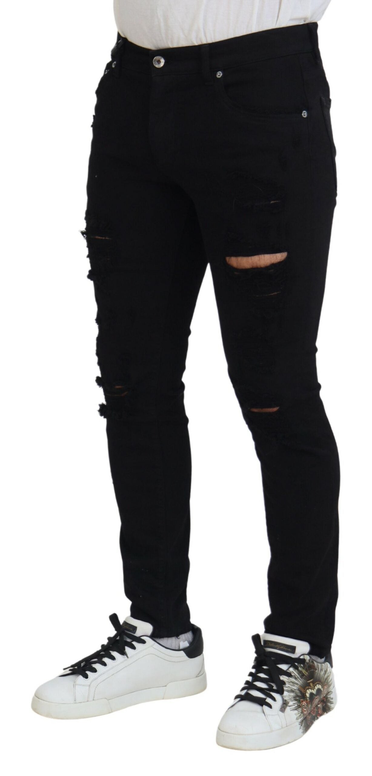 Dolce & Gabbana Black Slim Fit Tattered Denim Cotton Jeans-2