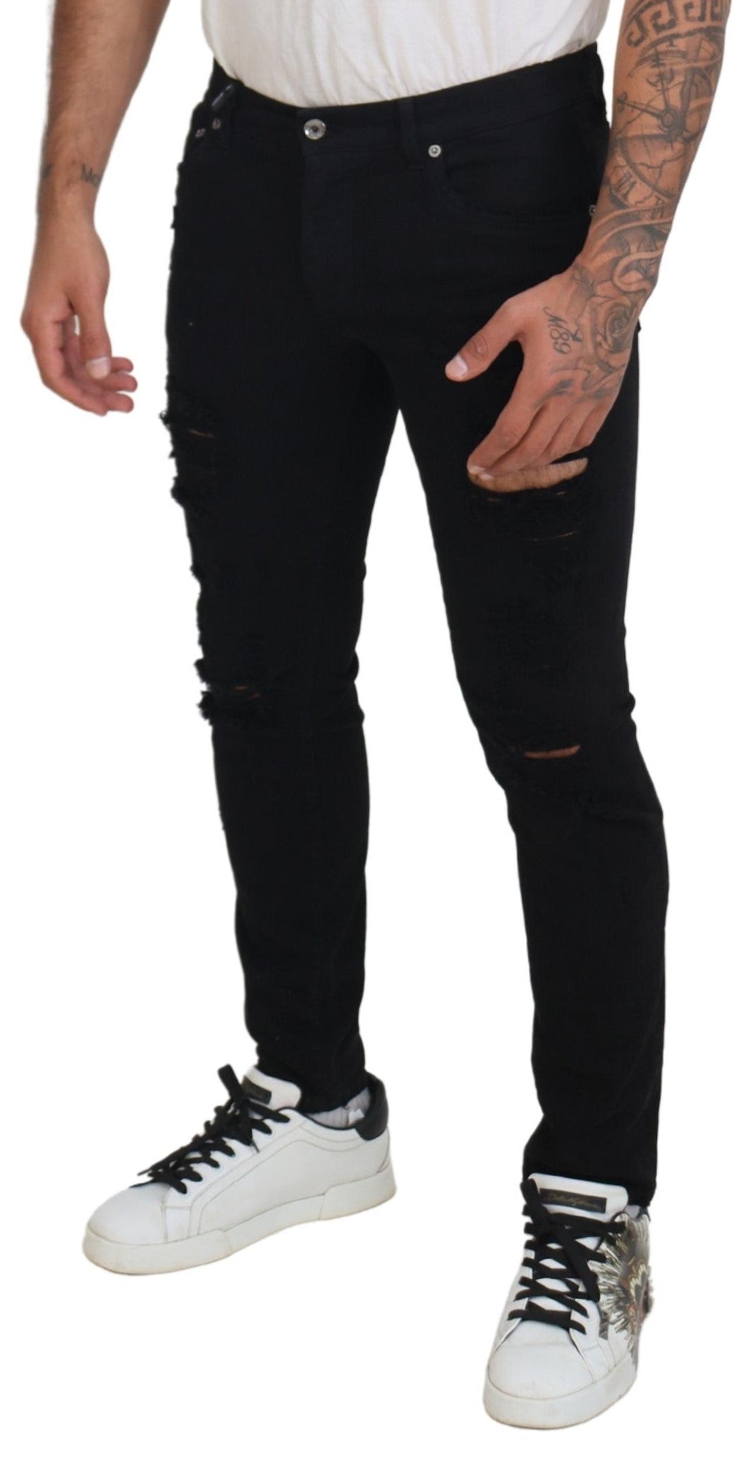 Dolce & Gabbana Black Slim Fit Tattered Denim Cotton Jeans-4