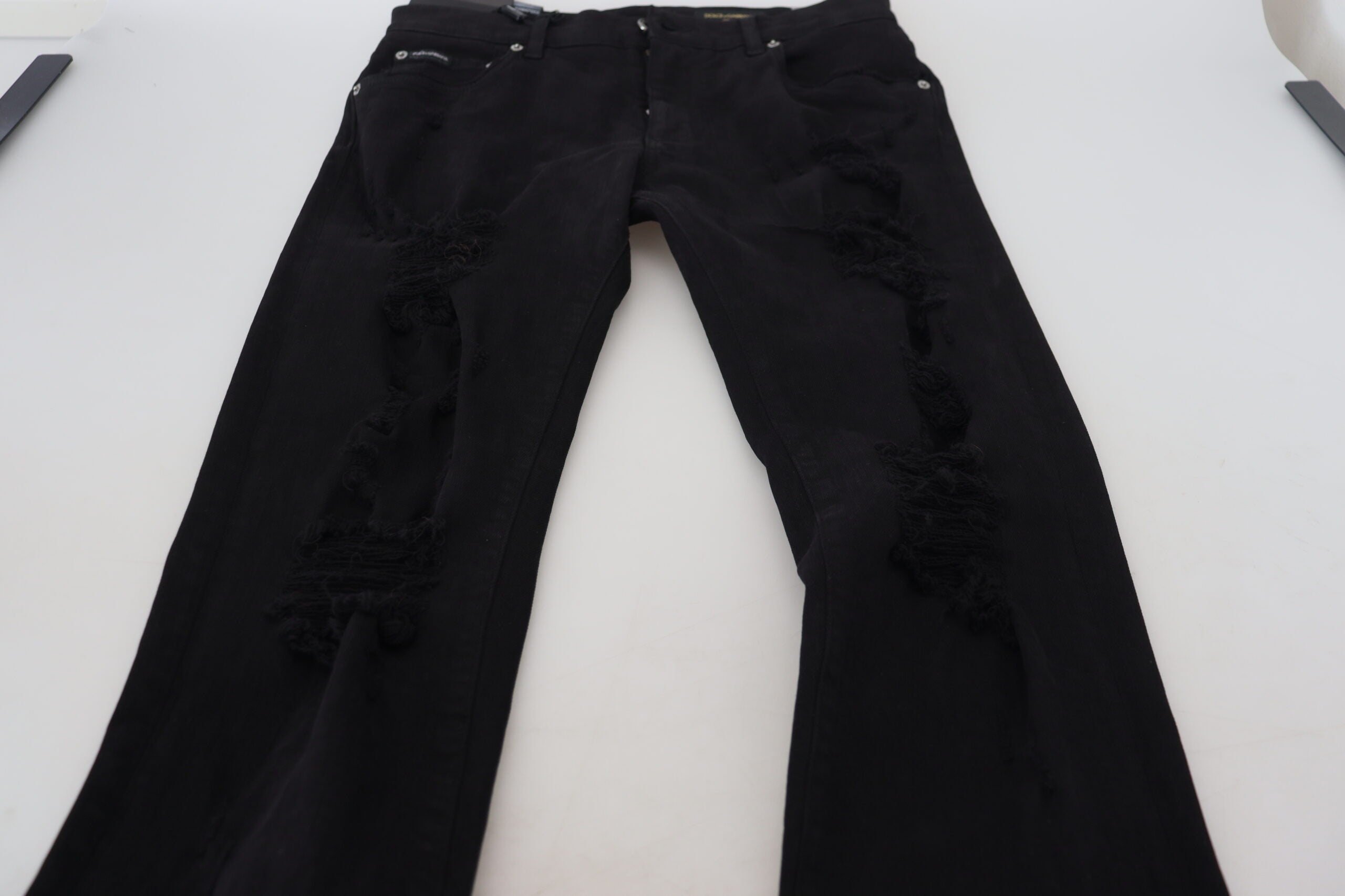 Dolce & Gabbana Black Slim Fit Tattered Denim Cotton Jeans-6