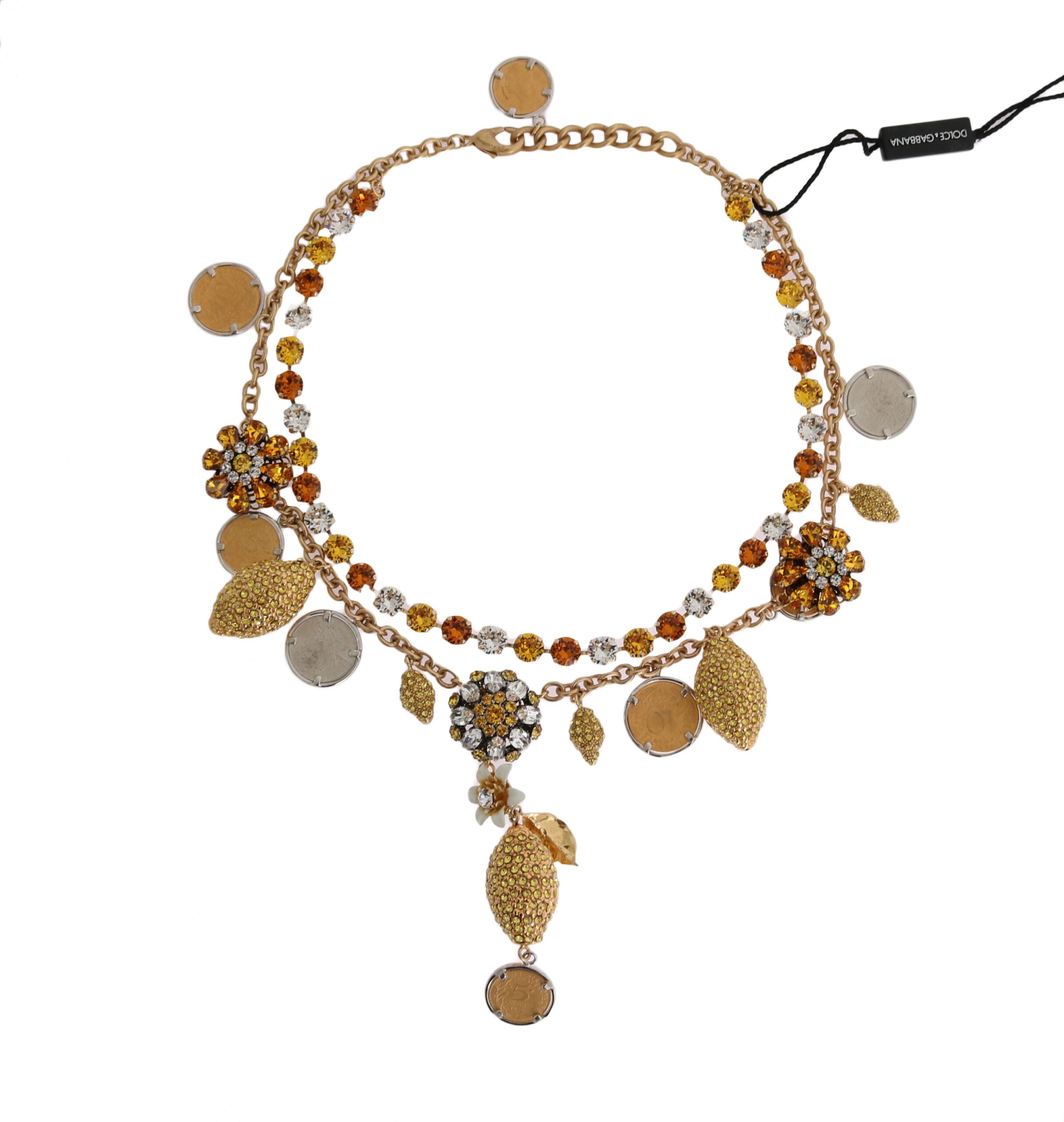 Dolce & Gabbana Gold Brass Crystal Logo Pineapple Statement Necklace-2