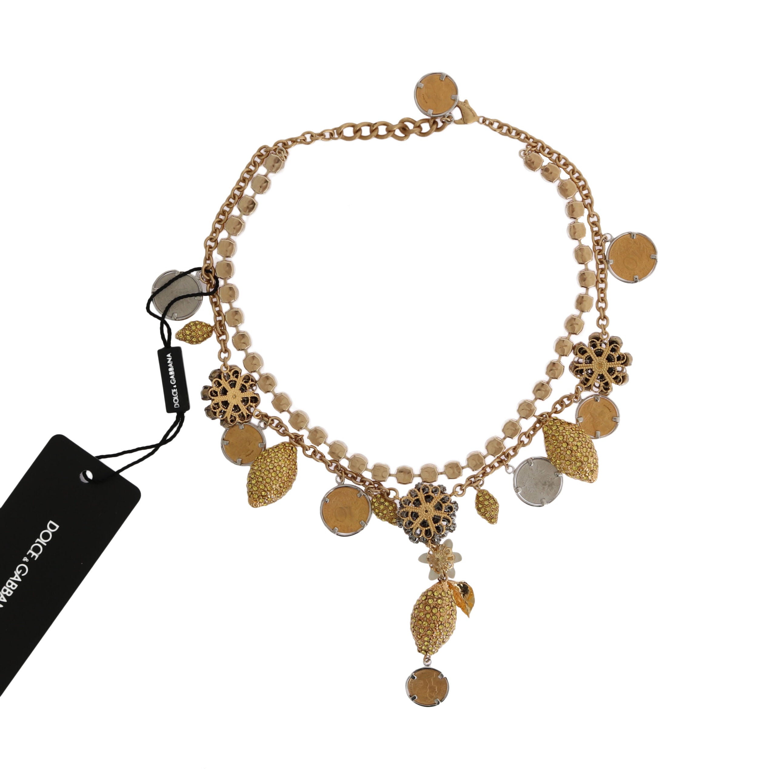 Dolce & Gabbana Gold Brass Crystal Logo Pineapple Statement Necklace-3