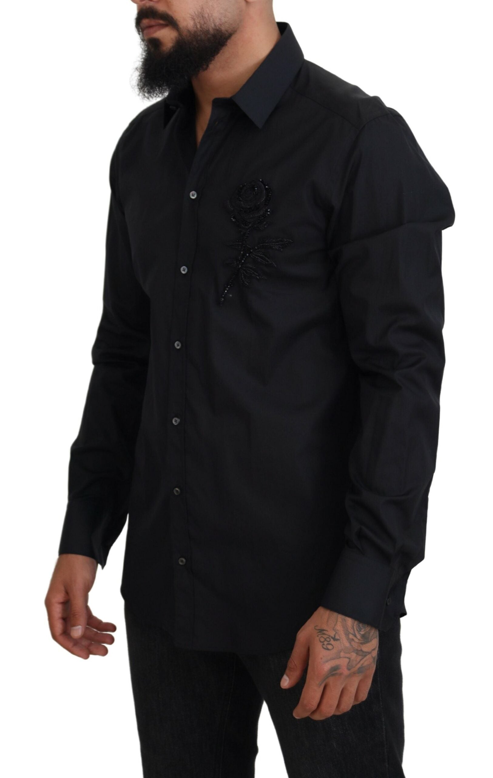 Camisa de algodón de corte entallado con rosas negras de Dolce & Gabbana-2
